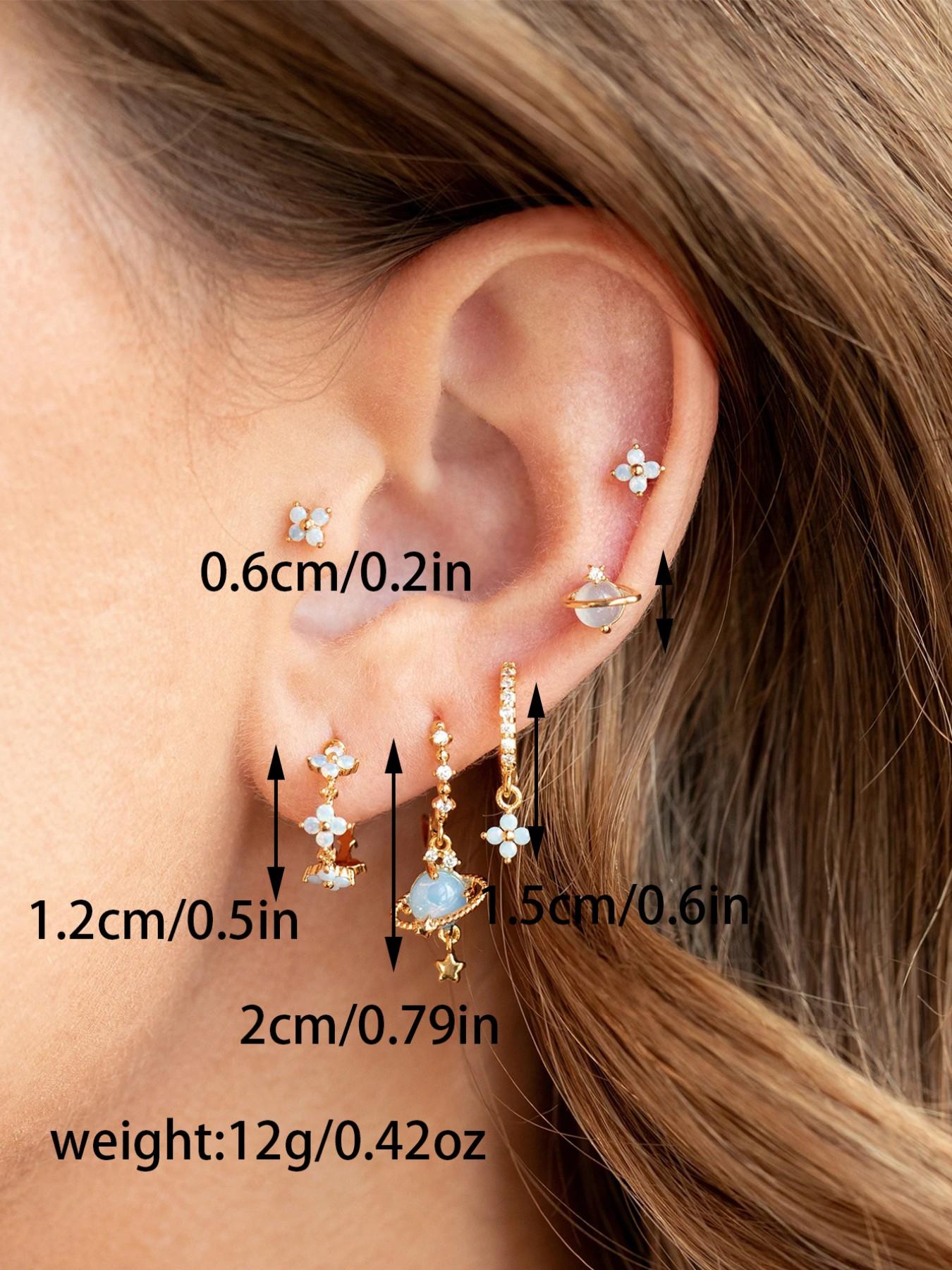 6-Piece Copper Earring Set, Zircon Blue Imitation Opal Star Dangle Earrings, Stackable Flower Studs, Elegant Jewelry for Women