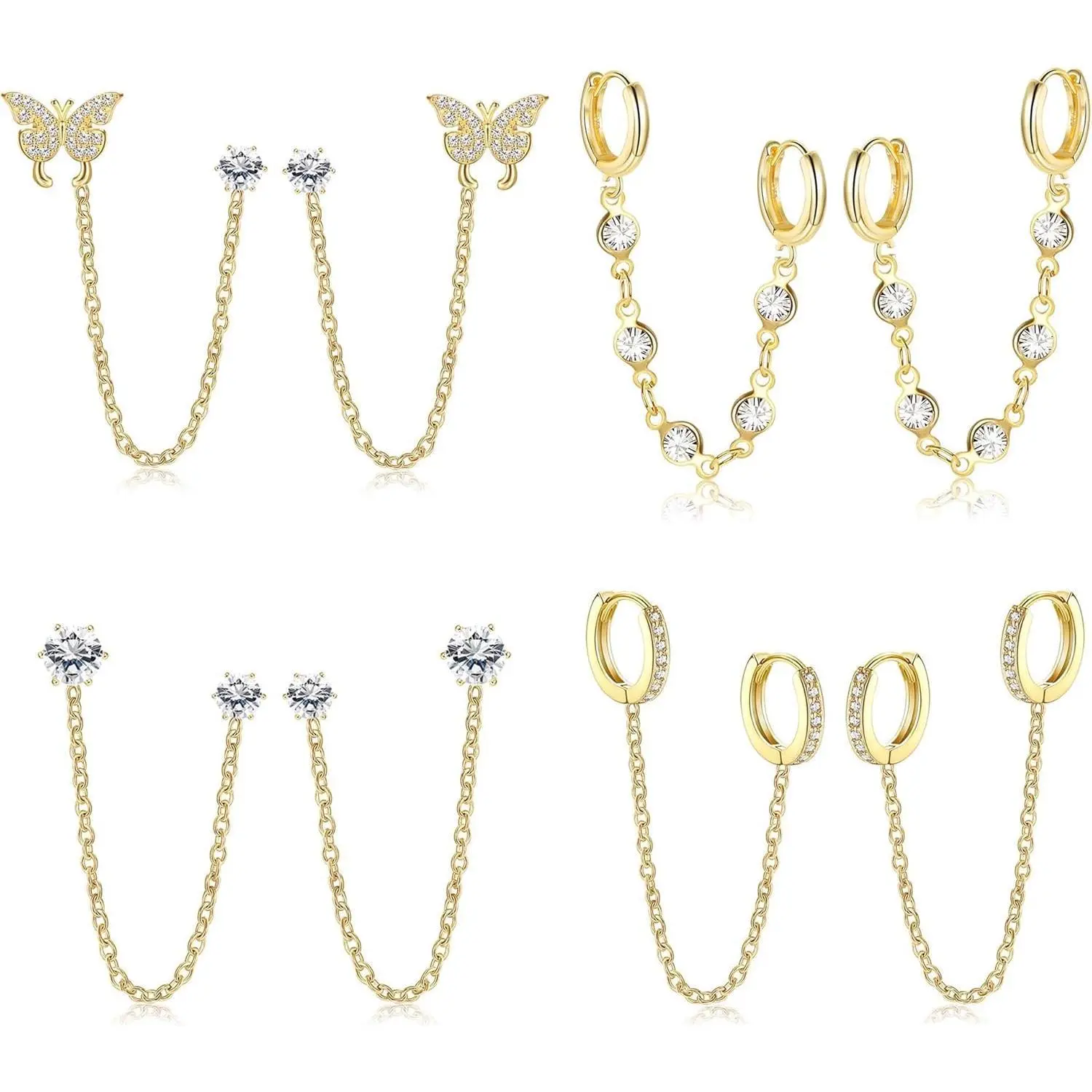 CASSIECA Women's 4-Pair Dainty Stacking Earrings Set, 14 Karat Gold Plated Double Piercing Jewelry with Sparkling CZ Chain, Butterfly Dangle Hoops, Cartilage Studs - Earring for Women for Daily Wear, Sohochic