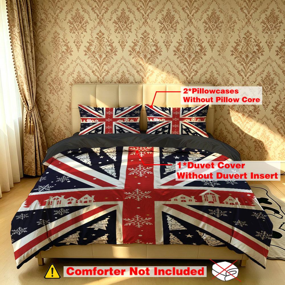 The 3-piece Christmas-themed British flag bedding set includes one bedspread and two pillowcases, without fillings. It's soft and comfortable, suitable for single beds and double beds, and ideal for use in bedrooms, dormitories, and hotels.