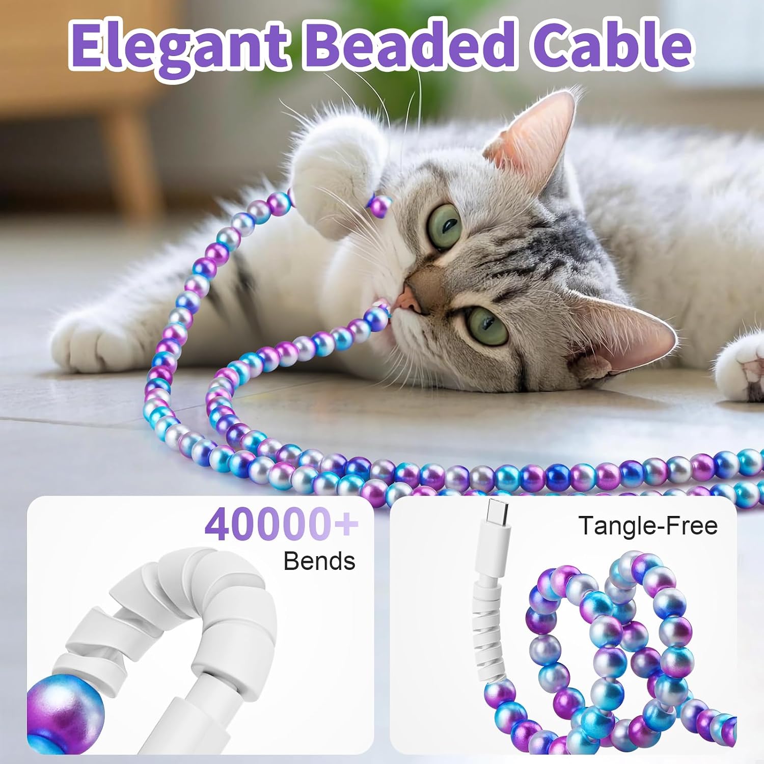 USB C  for  16 Beaded  Cord    for Girls Women 3.3FT Colourful  Type C  for  15, for iPad A16 11th, for Galaxy S25-  Blue Gradient