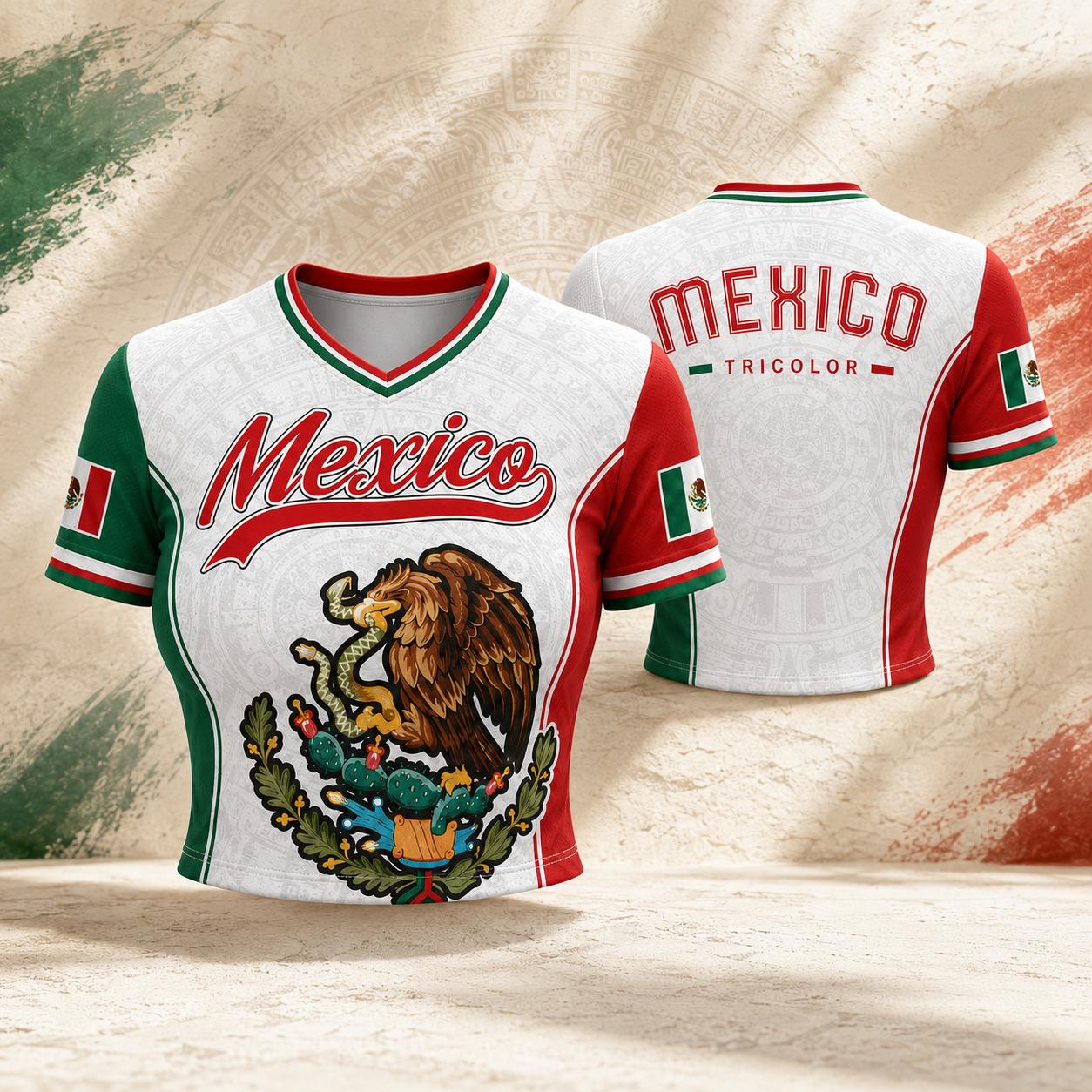 Women's Mexico Cropped V-Neck Athletic Cultural Pride Tee - Short Sleeves, Aztec Graphic, Flag Design, Polyester Lightweight Breathable Fabric, for Casual Streetwear