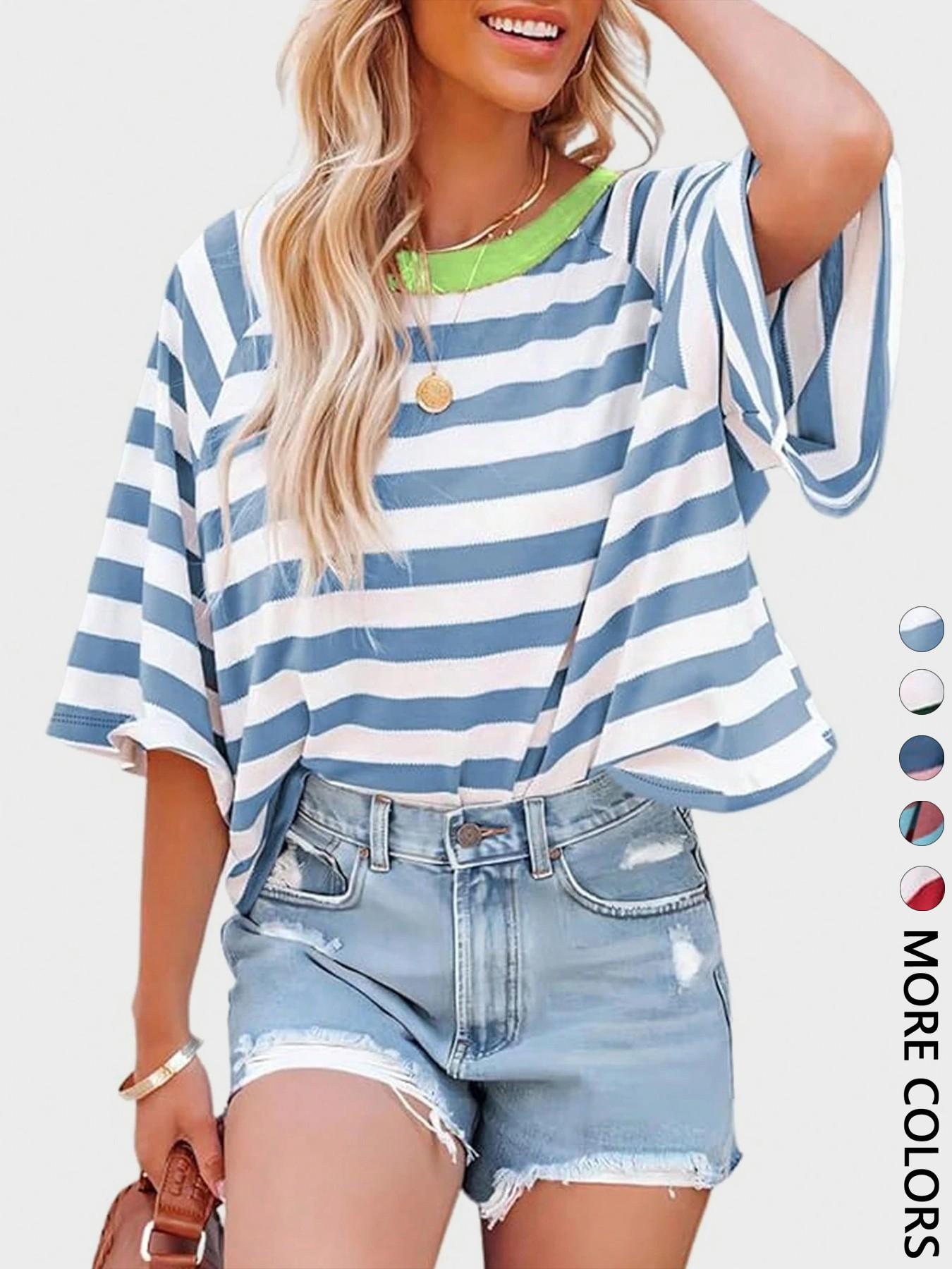 1 Piece Casual Minimalist Striped Pattern Round Neck Short Sleeve Loose Women's T-Shirt, Suitable For Summer, Oversized T Shirt