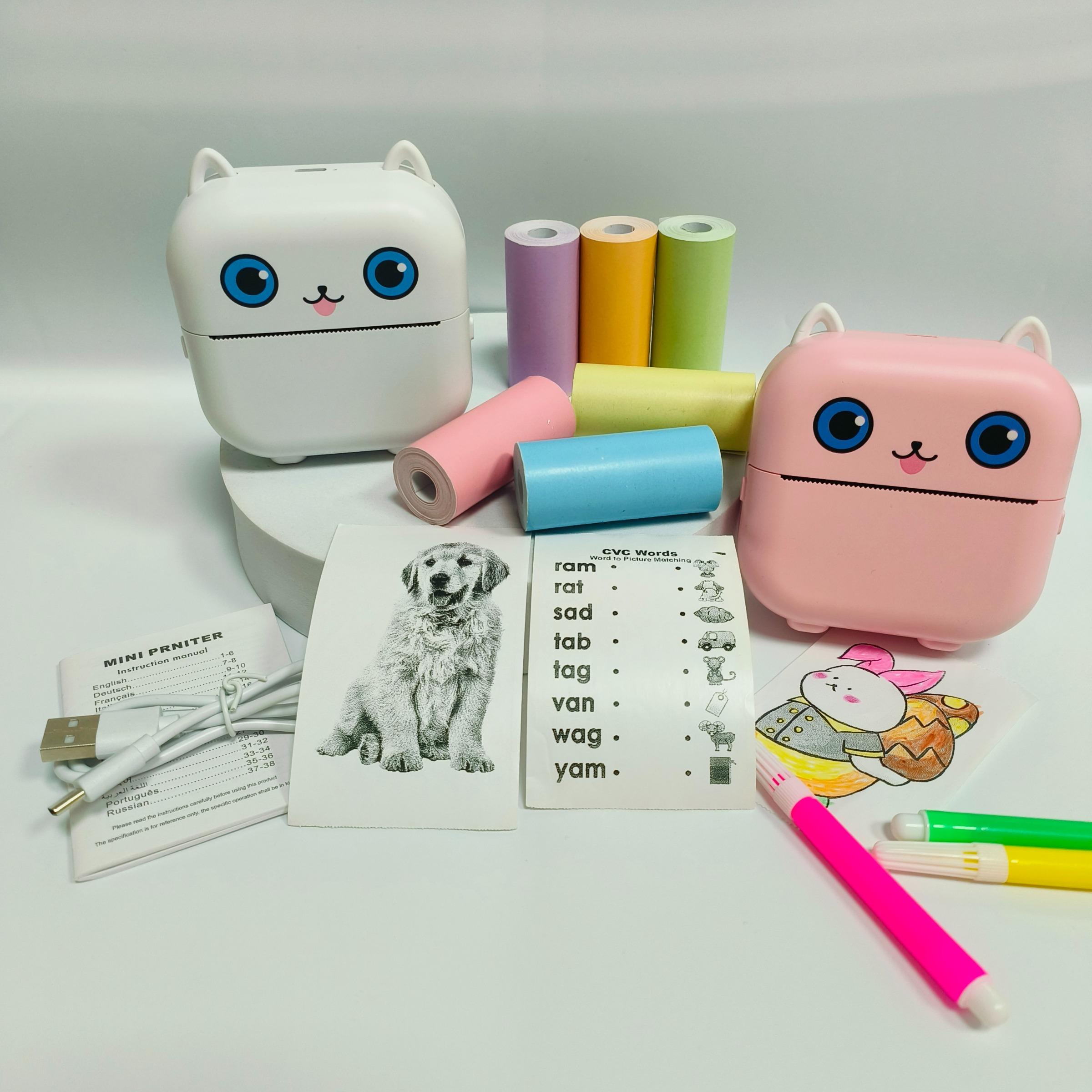 Portable Mini Printer Set with 3 Rolls Stickers, 3 Thermal Paper Rolls, 6 Color Paper Rolls for Notes, Photos, Labels, To-Do Lists Portable Thermal Printers