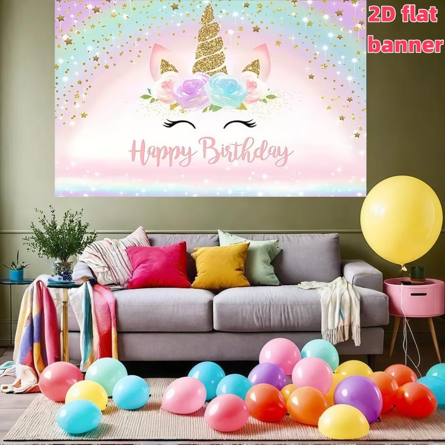 Flash gold unicorn birthday party background banner with rainbow stars, pink theme, polyester material, suitable for photo booths, parties, birthdays, celebrations, indoor and outdoor home birthday party decoration, home decoration, room decoration