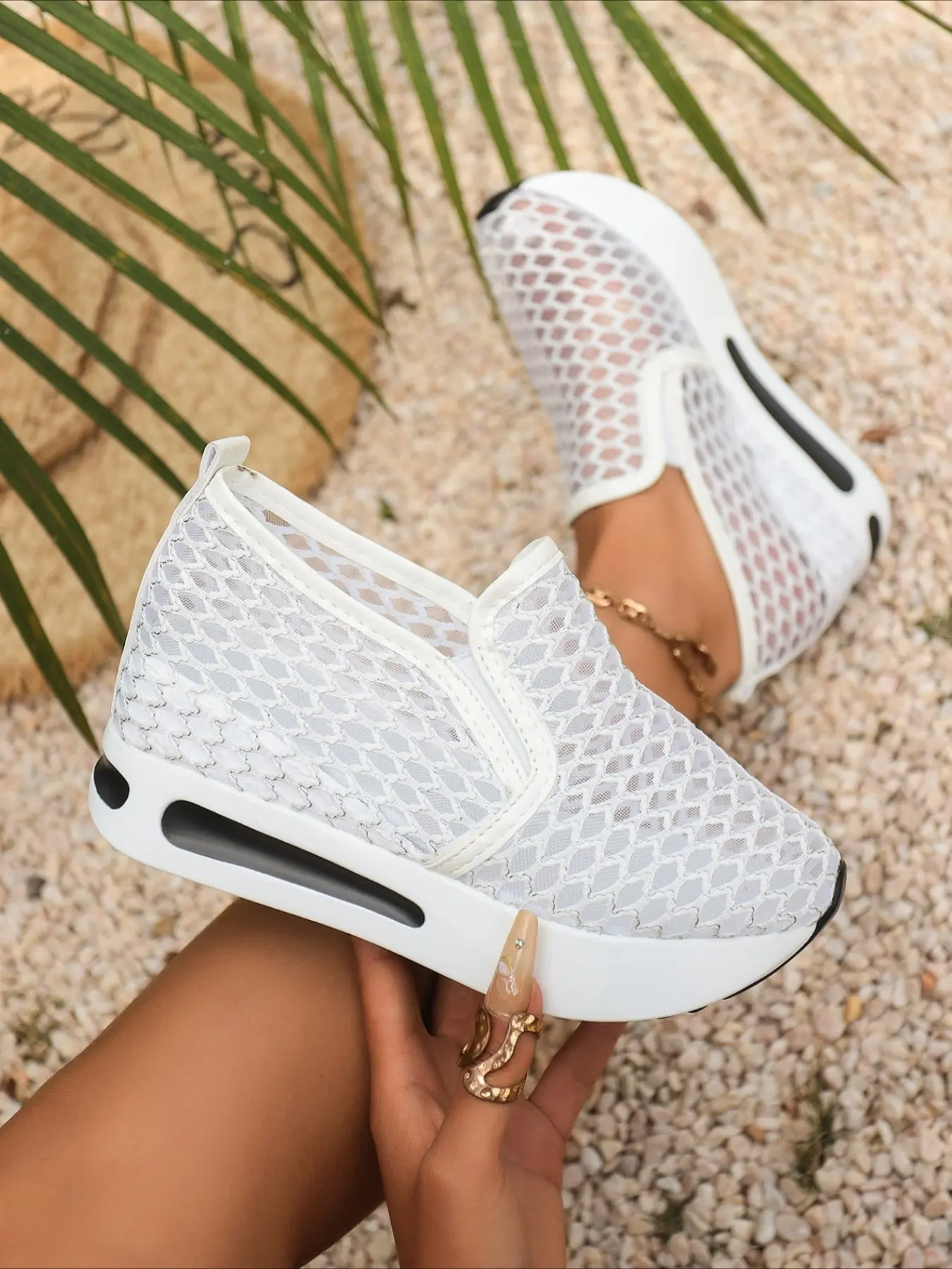 Lace mesh slip-on wedge sneakers air cushion platform lightweight breathable casual women walking shoes multiple colors
