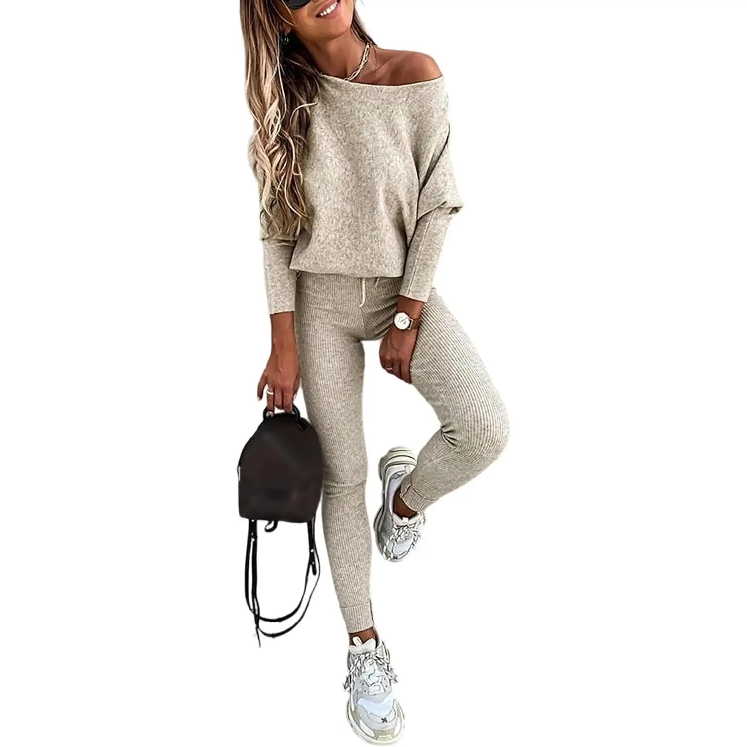 Women's 2-Piece Casual Light Slim Knit Lounge Set, Off-Shoulder Long-Sleeve Cardigan Top & Drawstring High-Waist Pants, Comfort Stretch Fabric for Airport & Everyday Wear, Cardigans