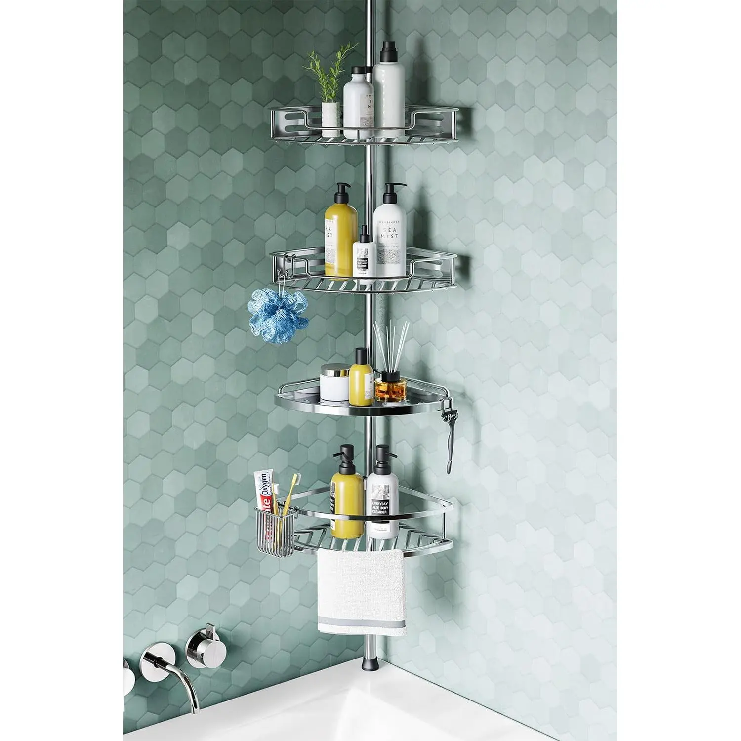Shower  Tension Pole, 4 Tier Corner Shower Shelves -  | No-Drill Setup, Adjustable Height Tension Pole, Rustproof Shelves, Storage for Bathrooms, Dorms & Apartments- -121in