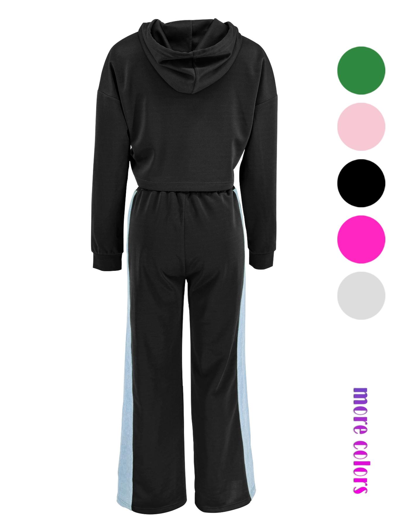 Personalized Patchwork Hoodie Set, Long Sleeve Short Top Set, Casual Party, Travel Pants Set, Fashionable Streetwear