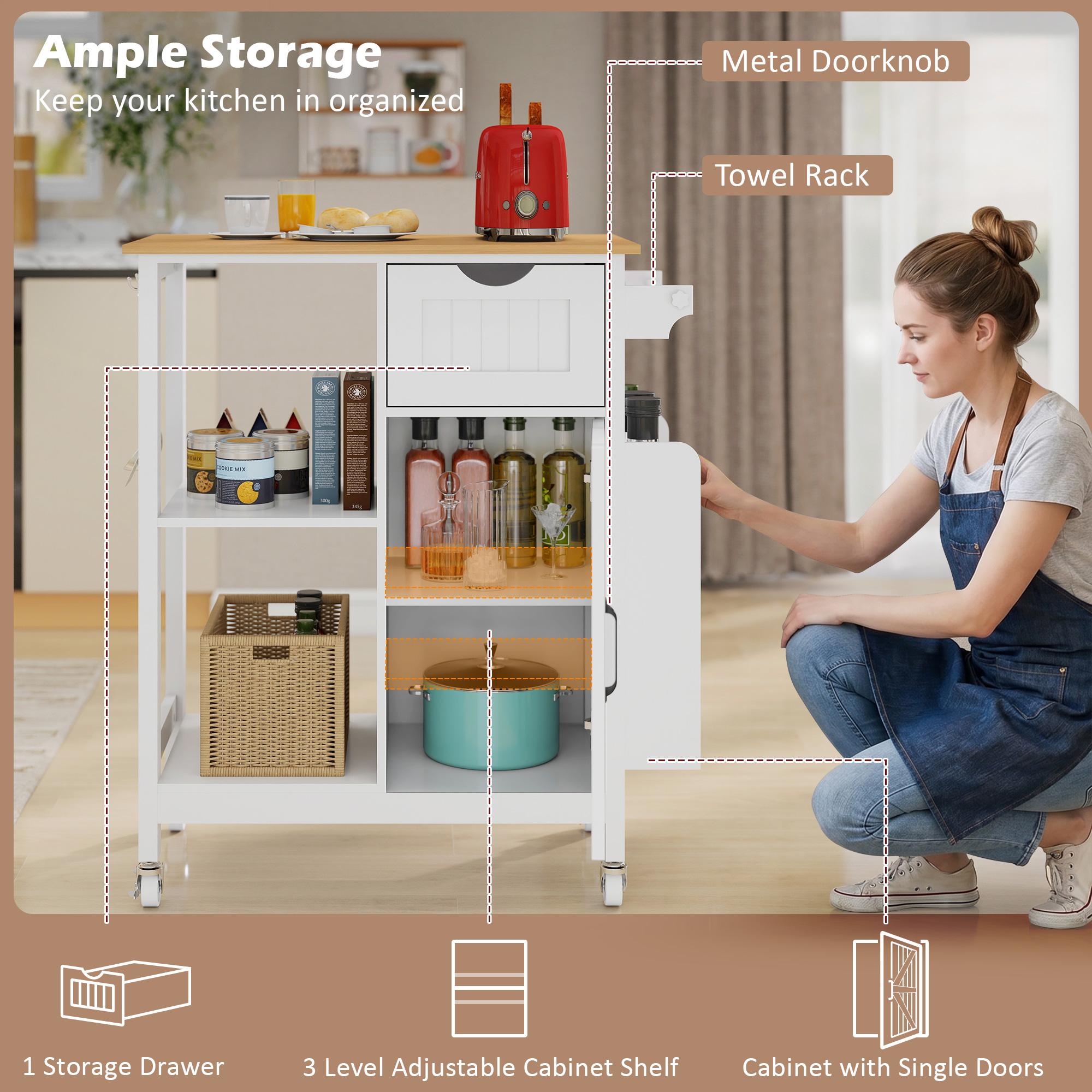 Kitchen Island Cart with Storage Cabinet, Rolling Kitchen Cart on Wheels with Drawer, Spice Rack & Towel Rack, Mobile Kitchen Island Table, Portable Serving Cart, Utility Storage Cabinet for Kitchen, Dining Room, Pantry, White
