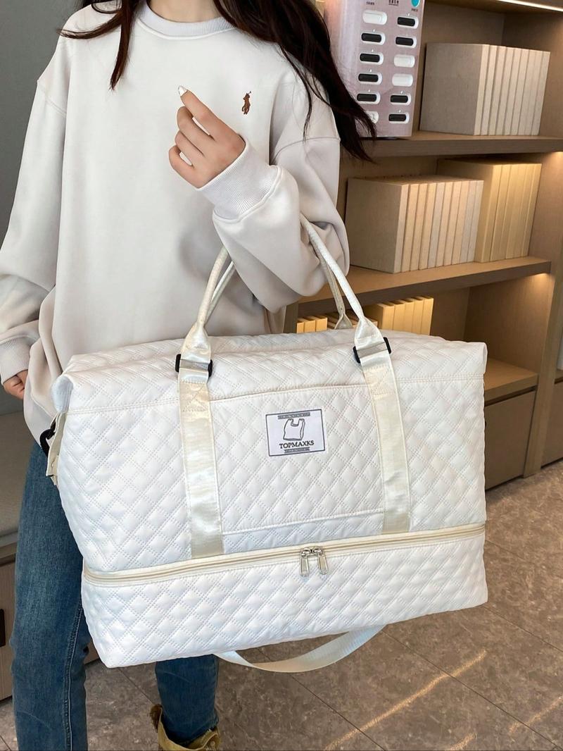 Unisex Sporty Quilted Design Solid Color Travel Bag, Casual Large Capacity Crossbody Bag, Trendy Carry on Weekender Bag for Travel & Gym & Outing Use