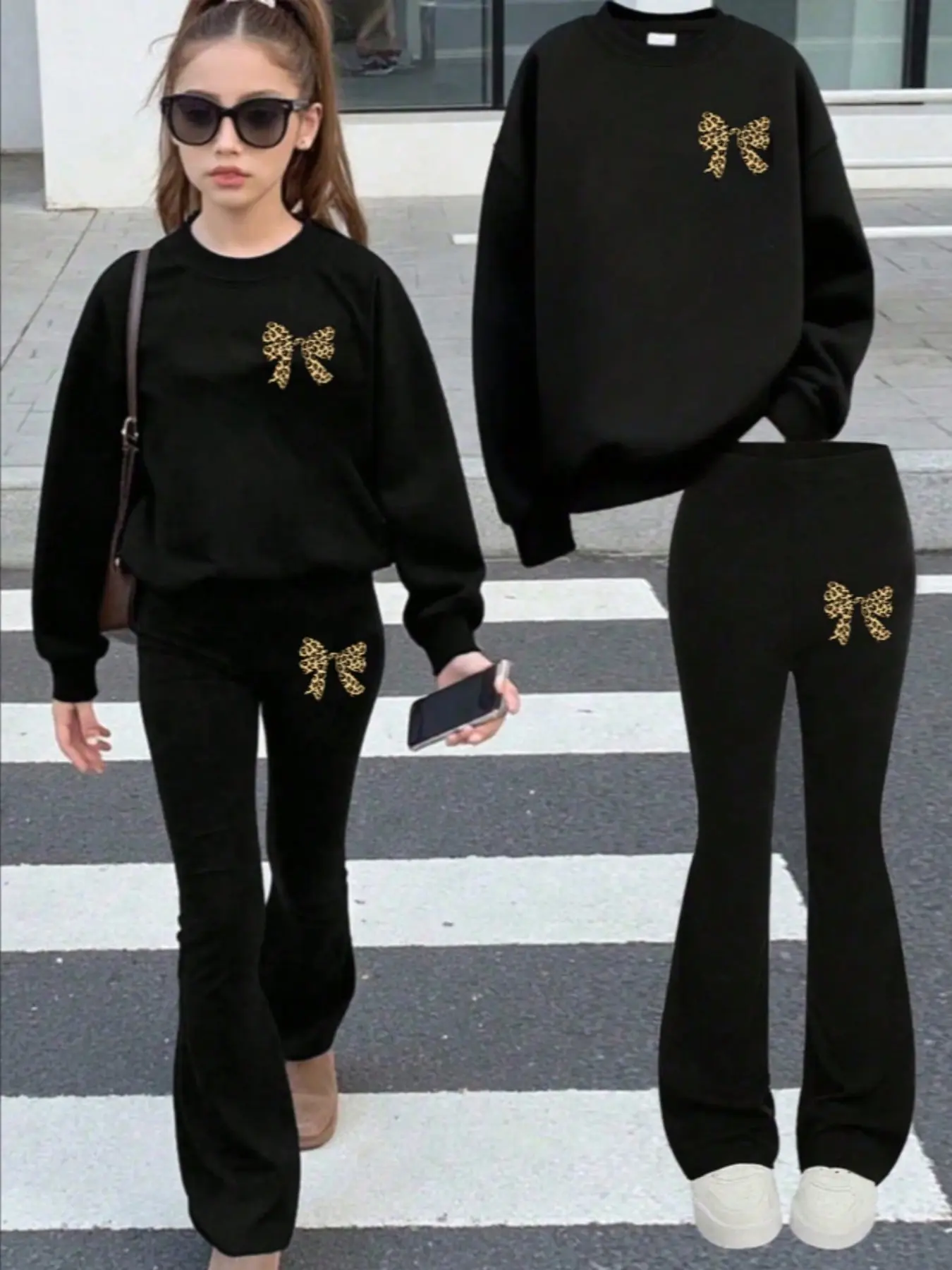 Girls' Leopard Print Bow Sweatshirt and Bell Bottoms Set, Casual Fall & Winter, Loose-Fitting, Top with Butterfly Print