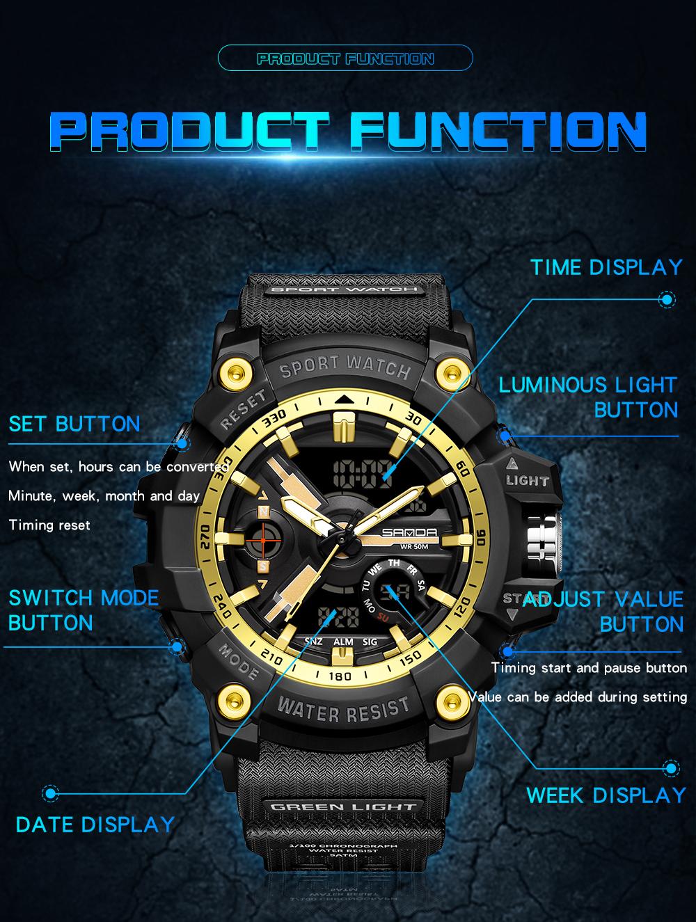 SANDA 3179 for Male Clock shock New Sports Men's Military Watch Waterproof Wristwatch, Men's Sportive Analog-digital Quartz Watch, Water resistant watch with Luminous & Alarm & Calendar Function, with Box