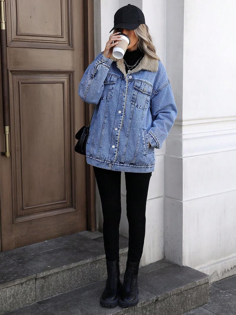 Women's Fall Winter Casual Jacket, Elegant Solid Color Stand Collar Thick Warm Denim Coat, Versatile Outerwear for Women