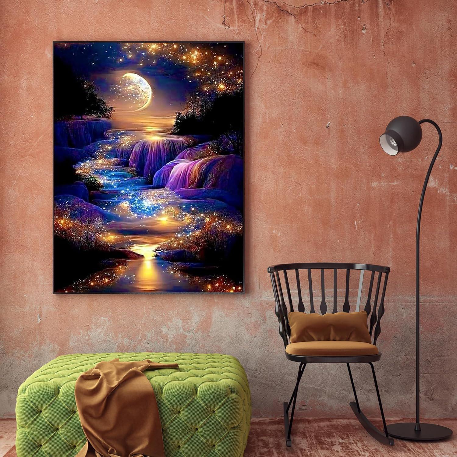 Adult 5D Diamond Painting Kit, Moonlight Waterfall DIY Full Round Drill Landscape, Home Wall Decor, 12x16 Inches, Includes Diamond Stickers
