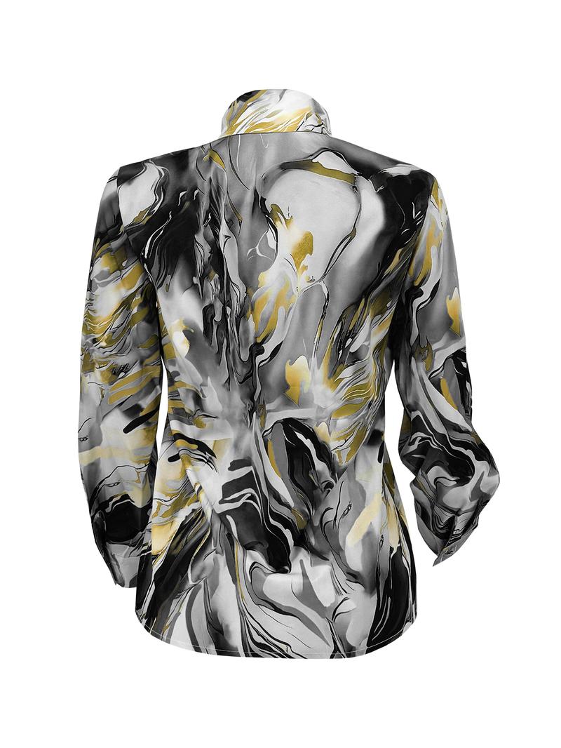 Women's Random Print Curved Hem Satin, Casual Long Sleeve Button Front Collared Blouse Top for Daily Wear, Ladies Clothes for All Seasons