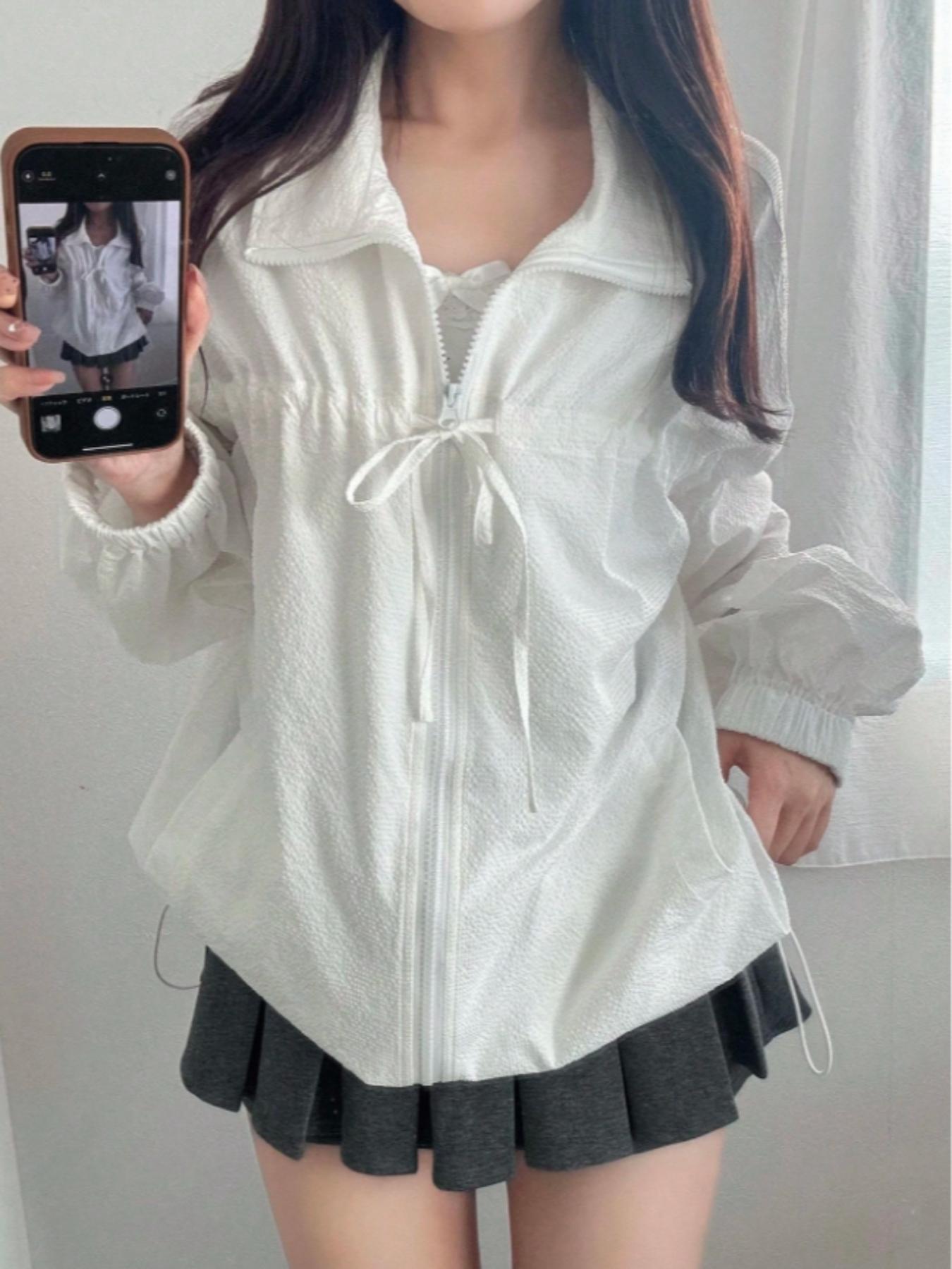 Women's Casual Streetwear Solid Color Textured Front Tie Bow Long Sleeve Fitted Zipper Drawstring Adjustable Jacket Coat Top, Stylish and Comfortable
