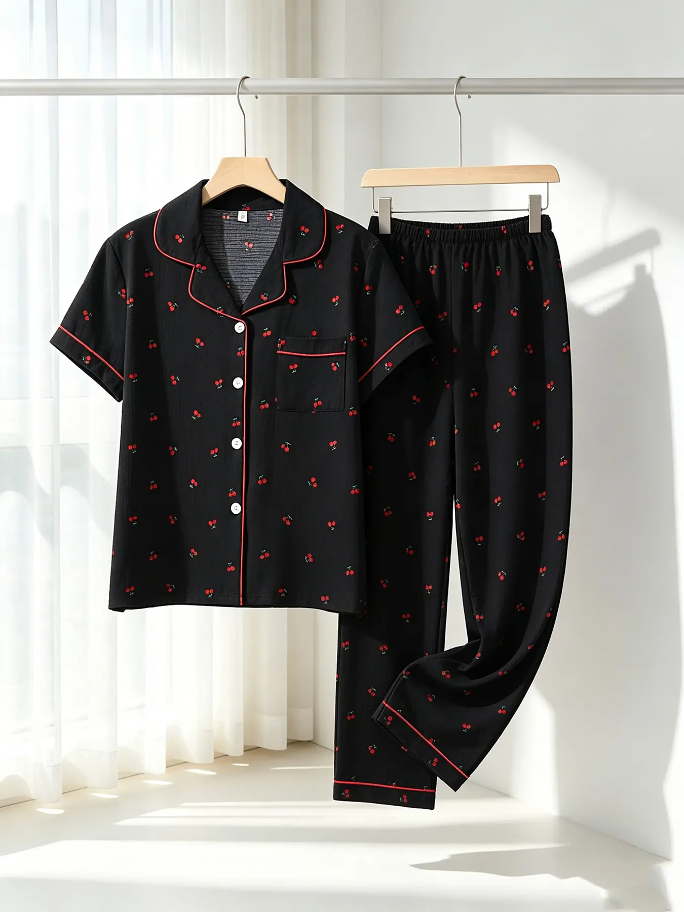 Women's Button-Down Short Sleeve Top & Long Pants Pajama Set, Black Red Cherry Print, Red Piping, Front Pocket, Elastic Waist, All Season Wear, Cozy Edgy Sweet Cherry Print Loungewear