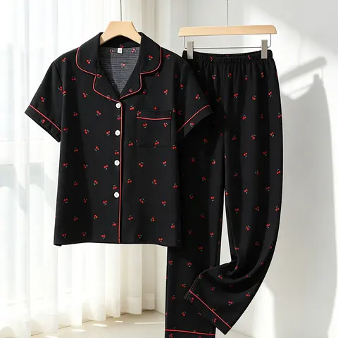 Women's Button-Down Short Sleeve Top & Long Pants Pajama Set, Black Red Cherry Print, Red Piping, Front Pocket, Elastic Waist, All Season Wear, Cozy Edgy Sweet Cherry Print Loungewear
