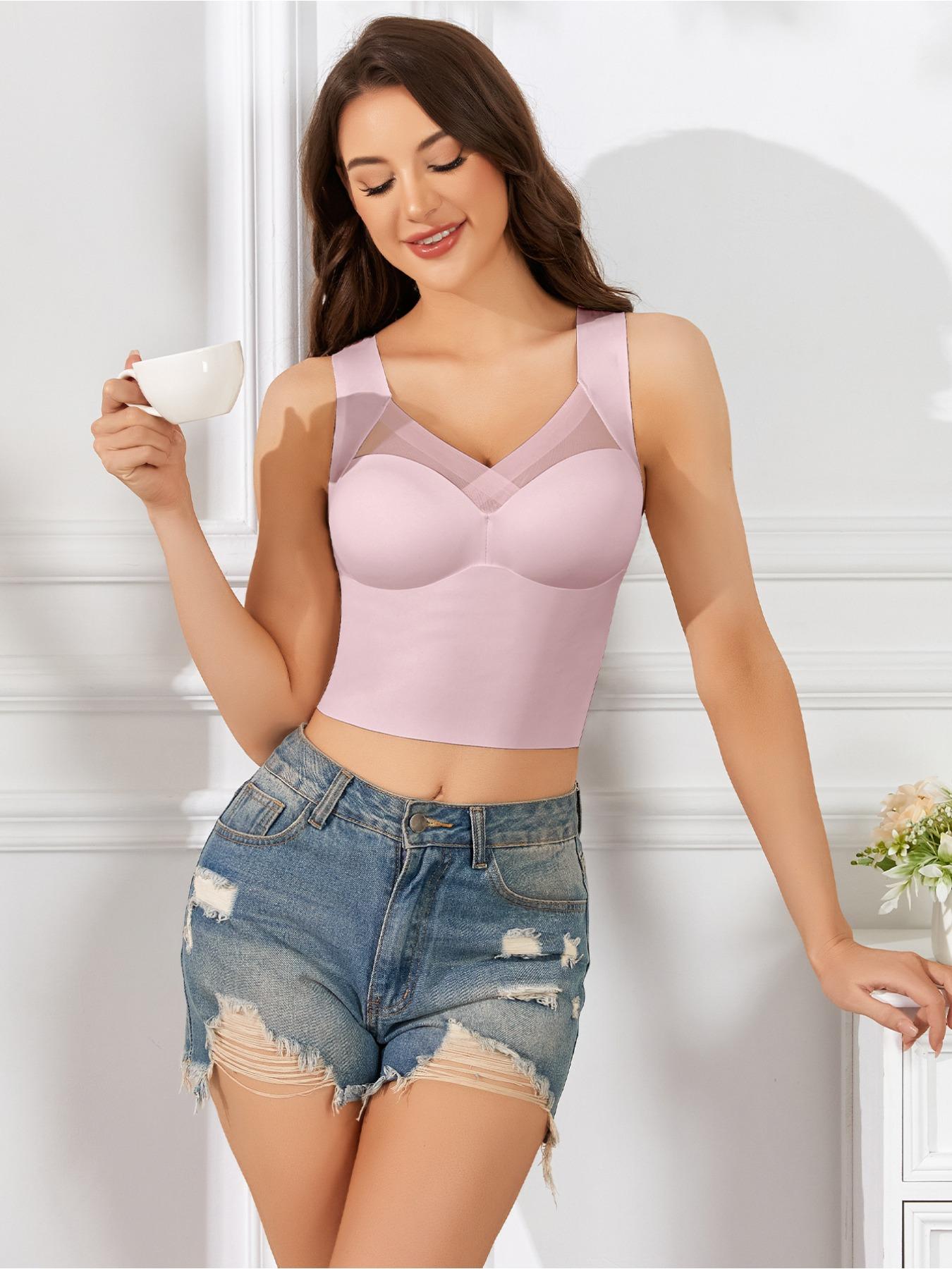 1/5PCS Women's Seamless Wireless Bra, Full Coverage Plunge Design, Medium Support, Contrast Mesh Lining, Casual Daily Wear, Perfect for Dates & Parties,Christmas gifts, Valentine's Day gifts