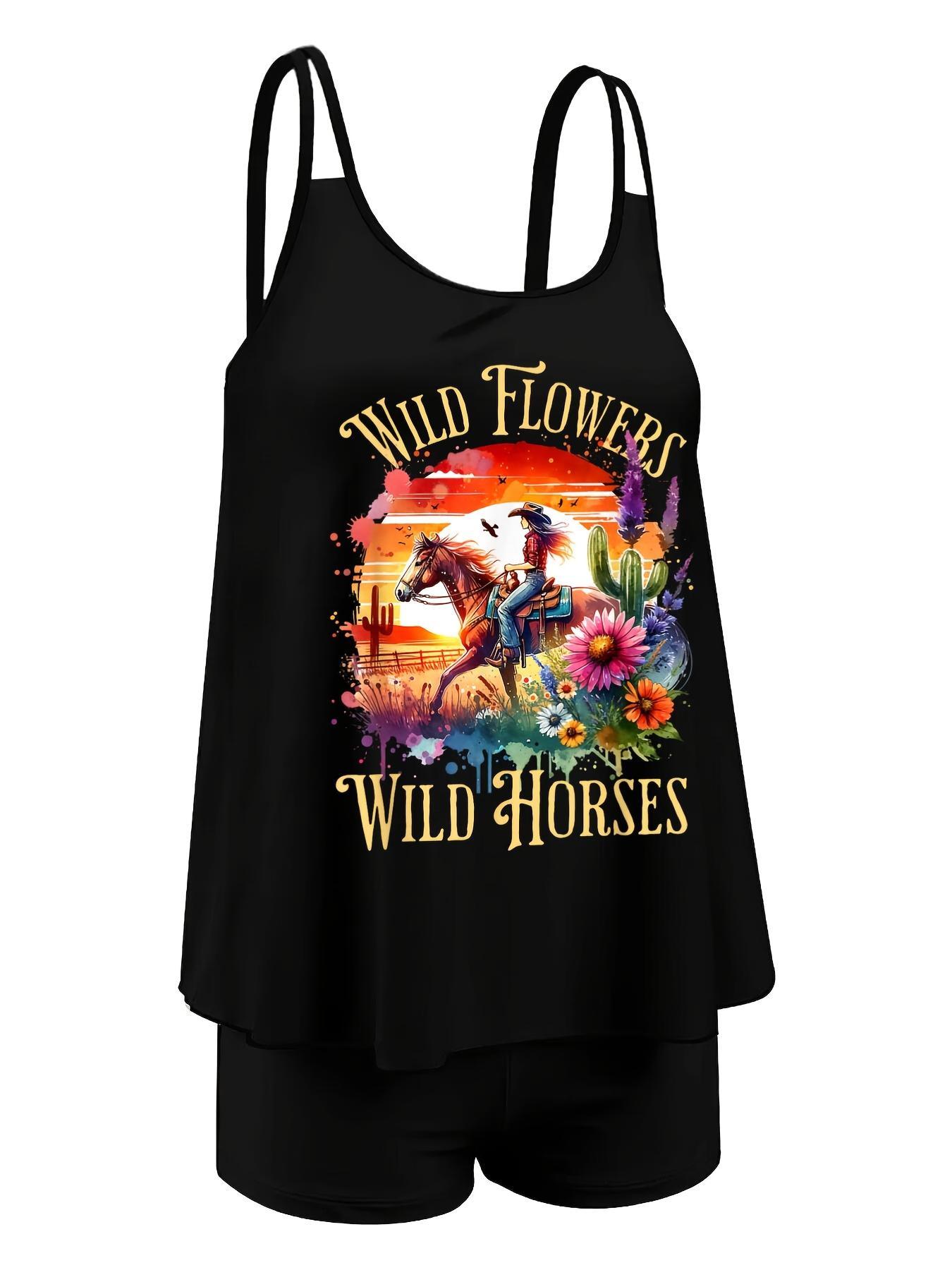 Wildflower, Mustang, Countryside, Sunset, Western Cowboy Women's Two-Piece Swimsuit |     Two-piece elegant black conservative tank top swimsuit, made of high-elastic fabric and featuring floral appliques