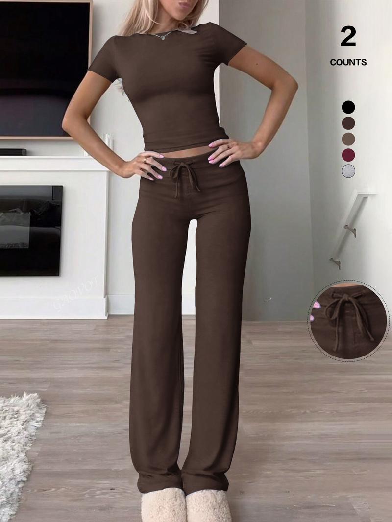 Women's Slim Fit Cropped T-Shirt & High-Waisted Flared Pants Sportswear Set, Casual All-Season, Perfect for Daily Wear