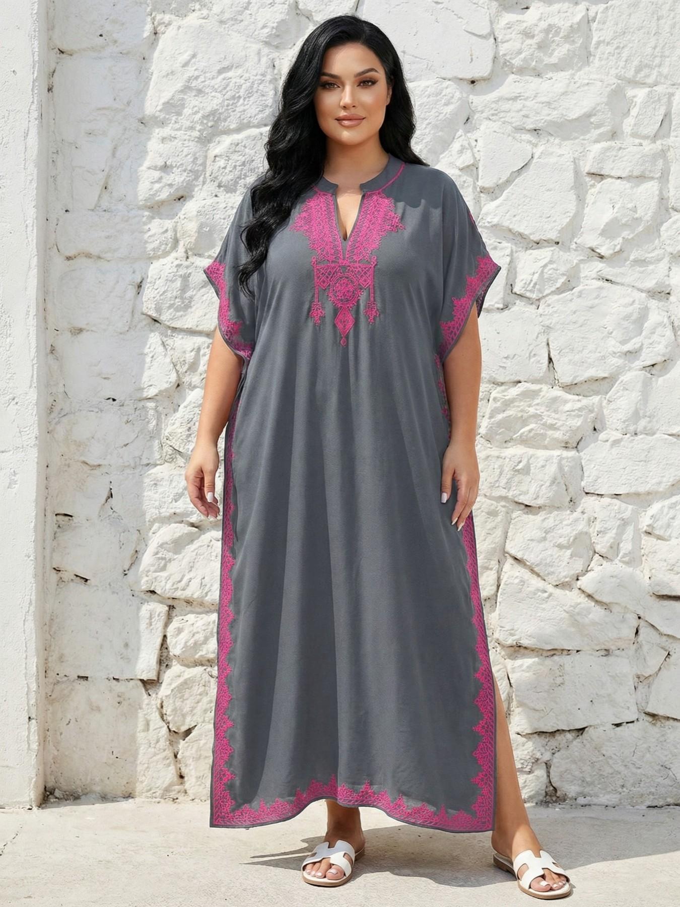 2026Plus Size Ethnic Pattern Embroidered Split Kaftan Dress, Boho Notched Neck Batwing Sleeve Long Dress, Summer Clothing, Women'S Summer Clothes, Modest Clothing Caftan Robe, Muslim Women Gowns, Modesty Muslim Clothing..
