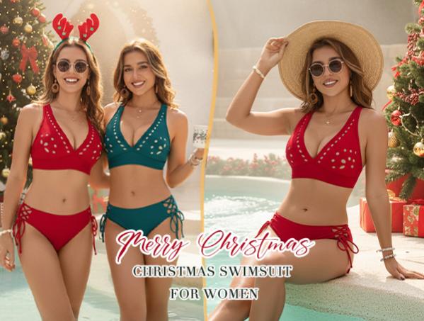 Blooming Jelly Women's Bikini Set Two Piece Swimsuit Modest Bathing Suit Petal Hollow V Neck Top String Mid Rise Bottom Swimming Suit