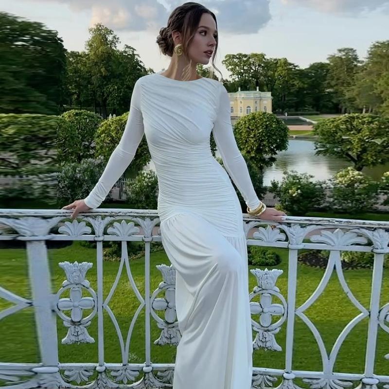 Women's Solid Ruched Round Neck Long Sleeve Pleated Dress, Elegant Plain Patchwork Plicated Slim-fitting Long Dress, Party Club Date Evening Gown Formal Dress, Ladies Spring Fall Winter Casual Dresses Clothes Wear, Formal Bodycon Dress