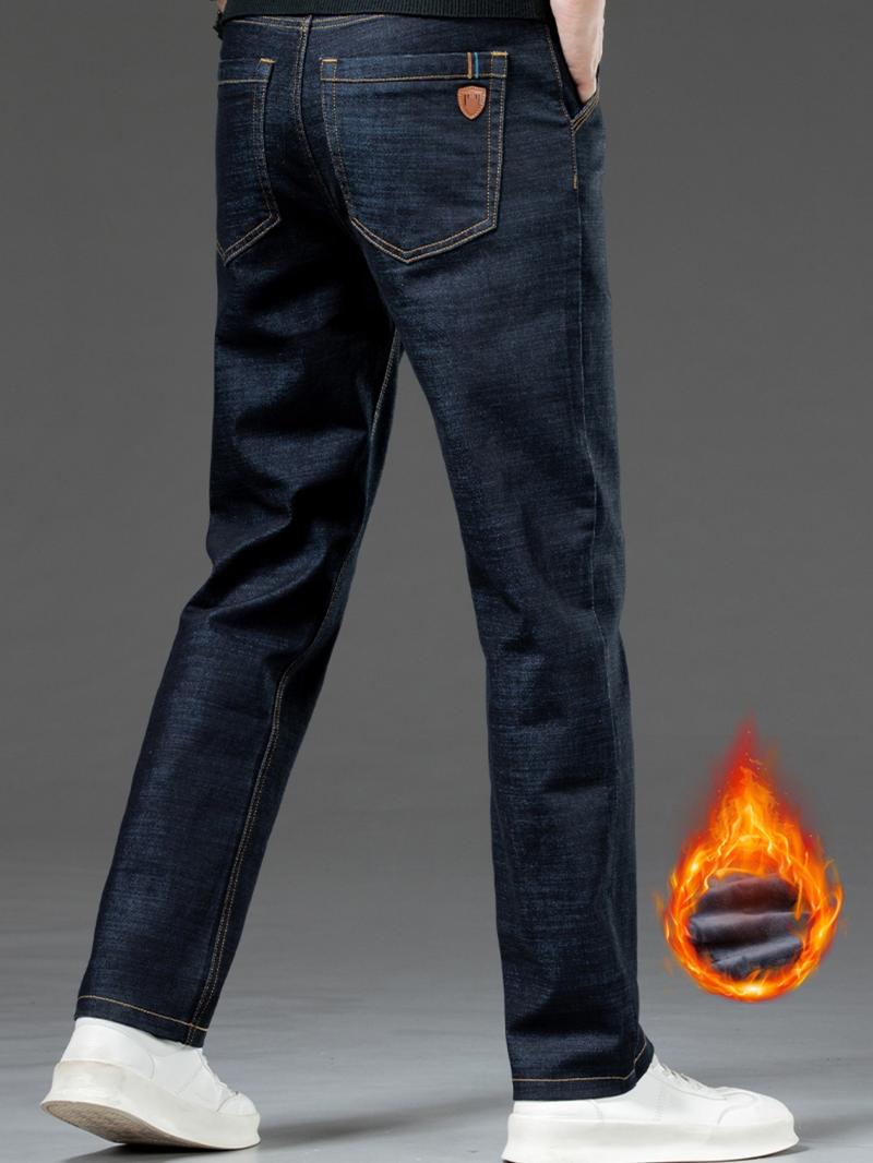 Men's Fleece Lined Denim Jeans, Loose Straight Leg Long Pants, Warm Cotton Elastic Fashion for Fall & Winter