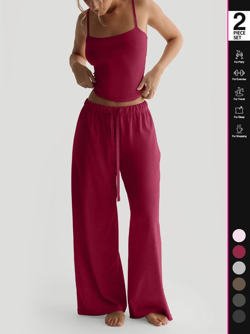 Women's Solid Cami Top & Wide Leg Pants Loungewear, Casual Comfy Pyjama Set for Women, Women's Sleepwear for Summer, Homewear, Pajama Set
