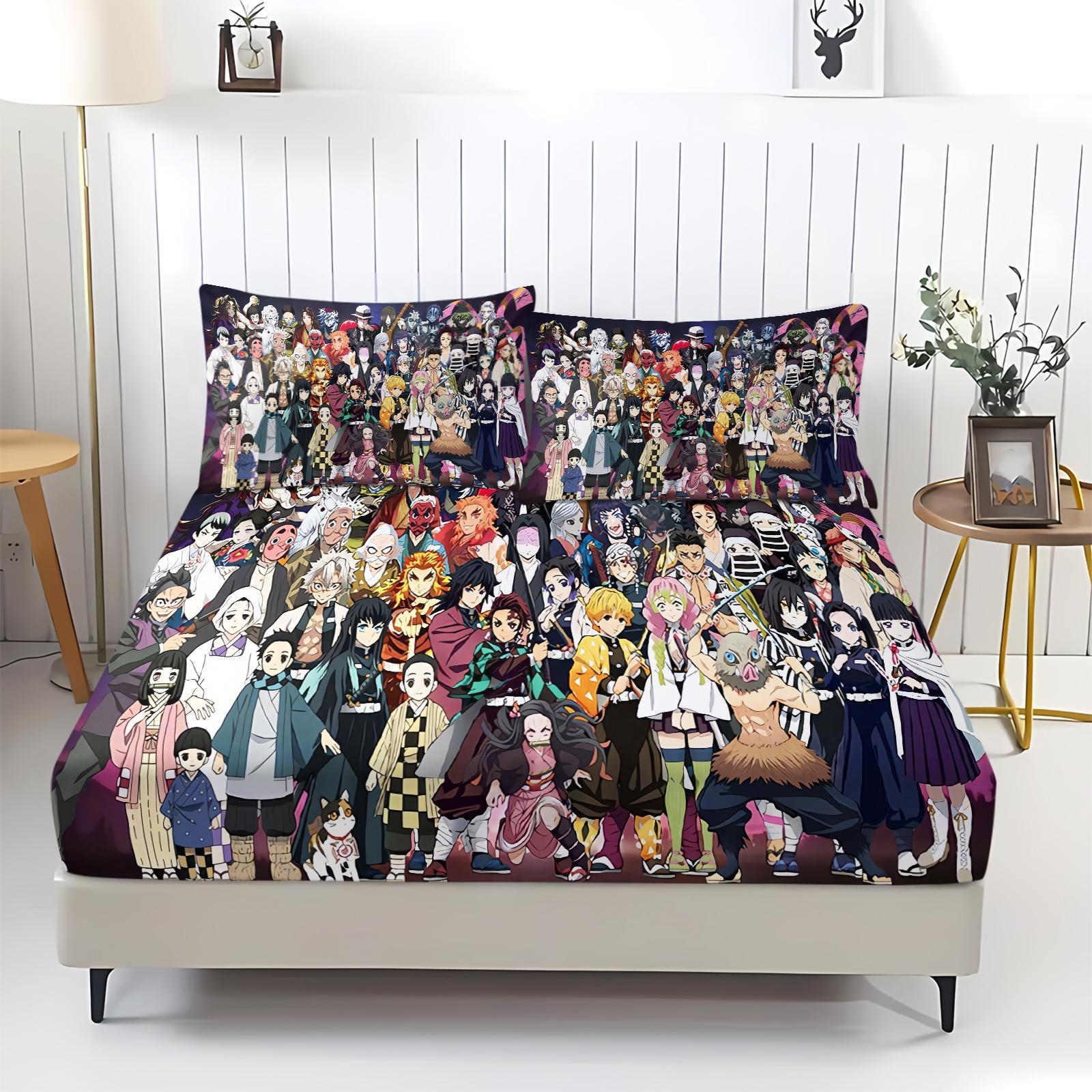 3-Piece Demon Slayer Bedding Set, Comfortable Printed Design, Includes 1 Fitted Sheet & 2 Pillowcases, Non-Slip, Perfect Gift, Bed Sheets