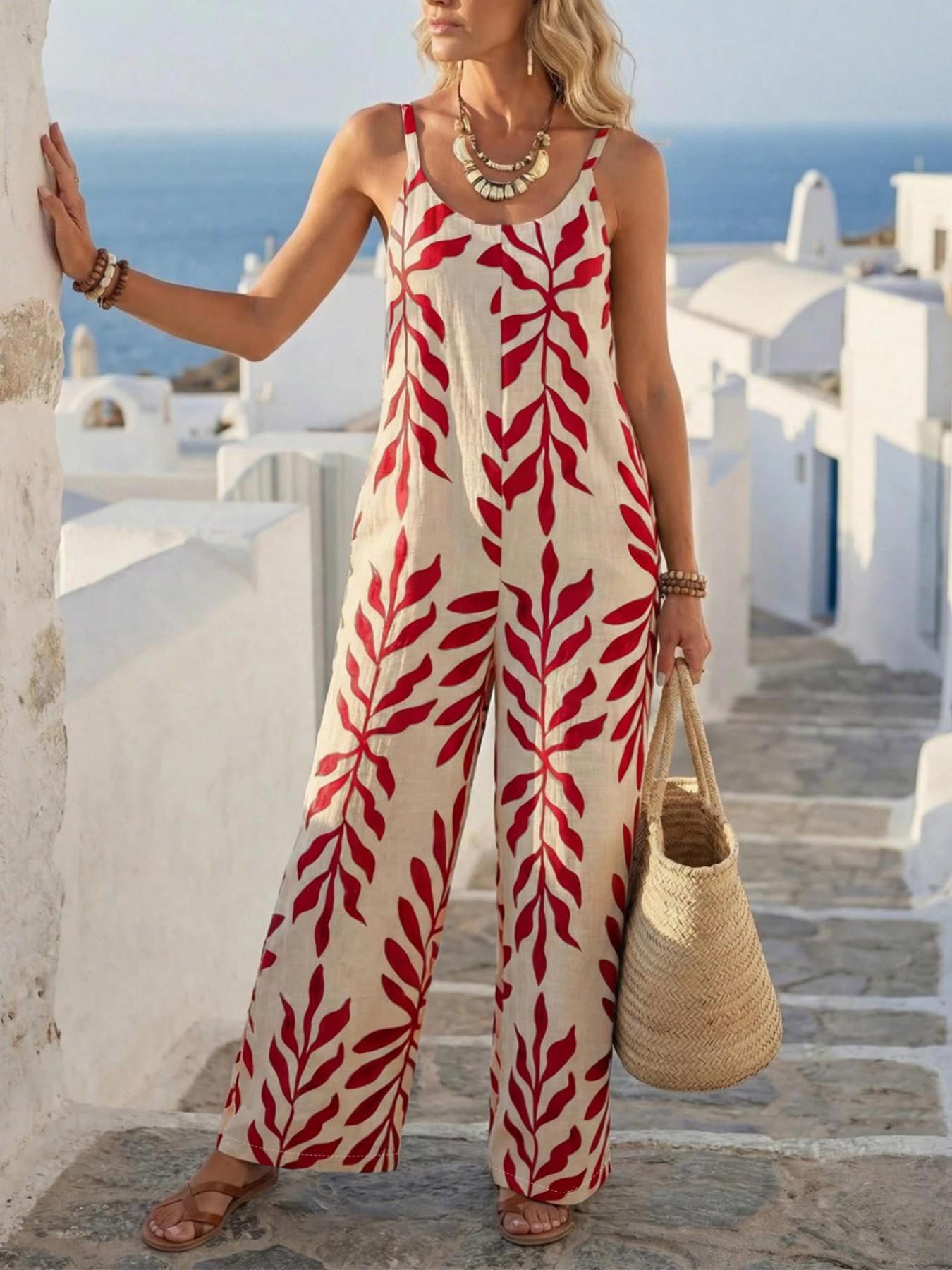 Women's Casual Chic Bohemian Printed Loose One-Piece Jumpsuit, Summer Fashion Sleeveless Jumpsuit, Comfortable and Stylish Boho Overall, Casual Sleeveless Overalls, Casual Jumpsuits, Loose Fit Overall, Casual Style Jumpsuit
