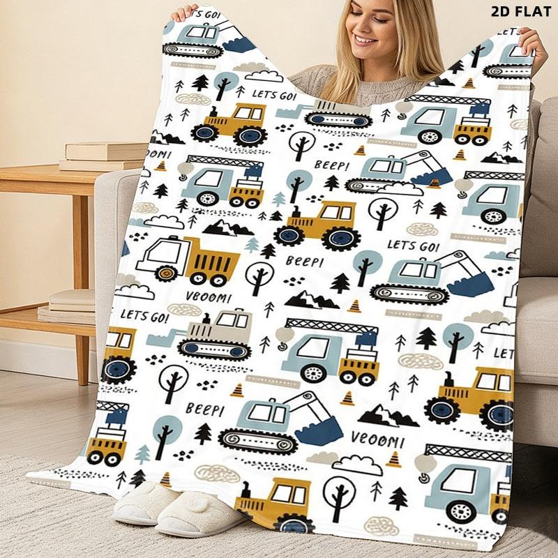 Kids' Space Style Construction Vehicles Printed Throw Blanket, Single - sided Printed, Multiple Specifications Available, Vibrant Design with "LET'S GO!", "BEEP!", "VBOOM!" Phrases, Ideal for Leisure & Napping Scenes