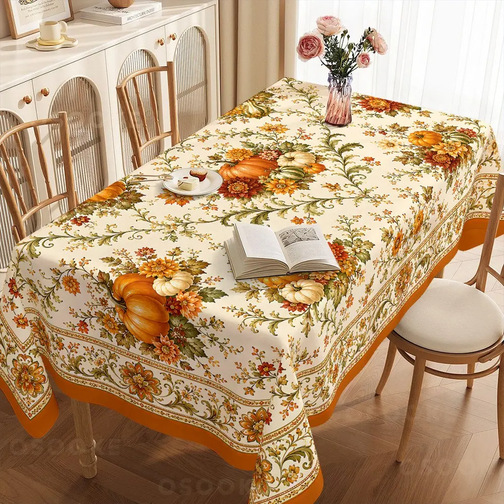 2dflat Autumn Thanksgiving Tablecloth, Rustic Gold Pumpkin Flower Print, Easy-To-Clean Polyester Rectangular Tablecloth, Kitchen Decor