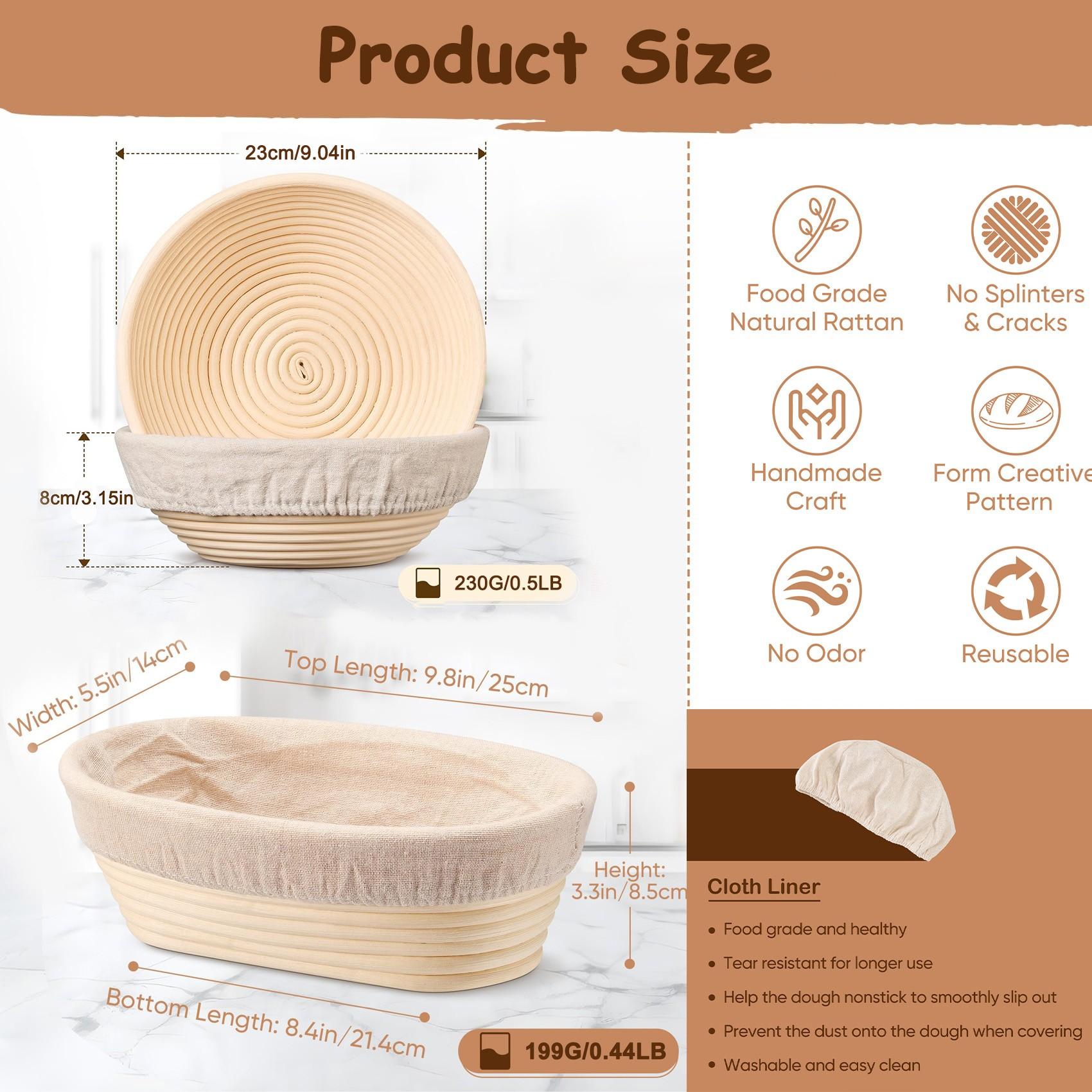 Bread Proofing Baskets Set of 2 10 inch Oval/9 inch Round Shaped Dough Proofing Bowls w/Liners Perfect for Professional & Home Sourdough Bread Baking