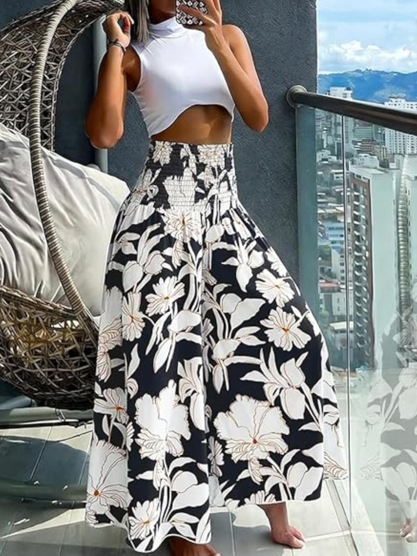 Boho Print Ruched Flowy High Waisted Wide Leg Pants, Bohemian Wide Leg Flowy Long Pants for Summer Beach Vacation, Casual Boho Pants, Women's Fashionable Loose-Fitting Bottoms