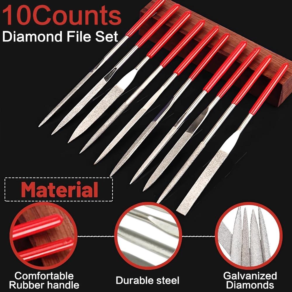 10pc Mini Diamond Needle File Set, Anti-Slip Handle Precision Grinding Tools for DIY Jewelry Making, Metal Glass Ceramic Wood Carving, Model Wax Sculpting, Nail Art & Craft Polishing & Shaping Kit