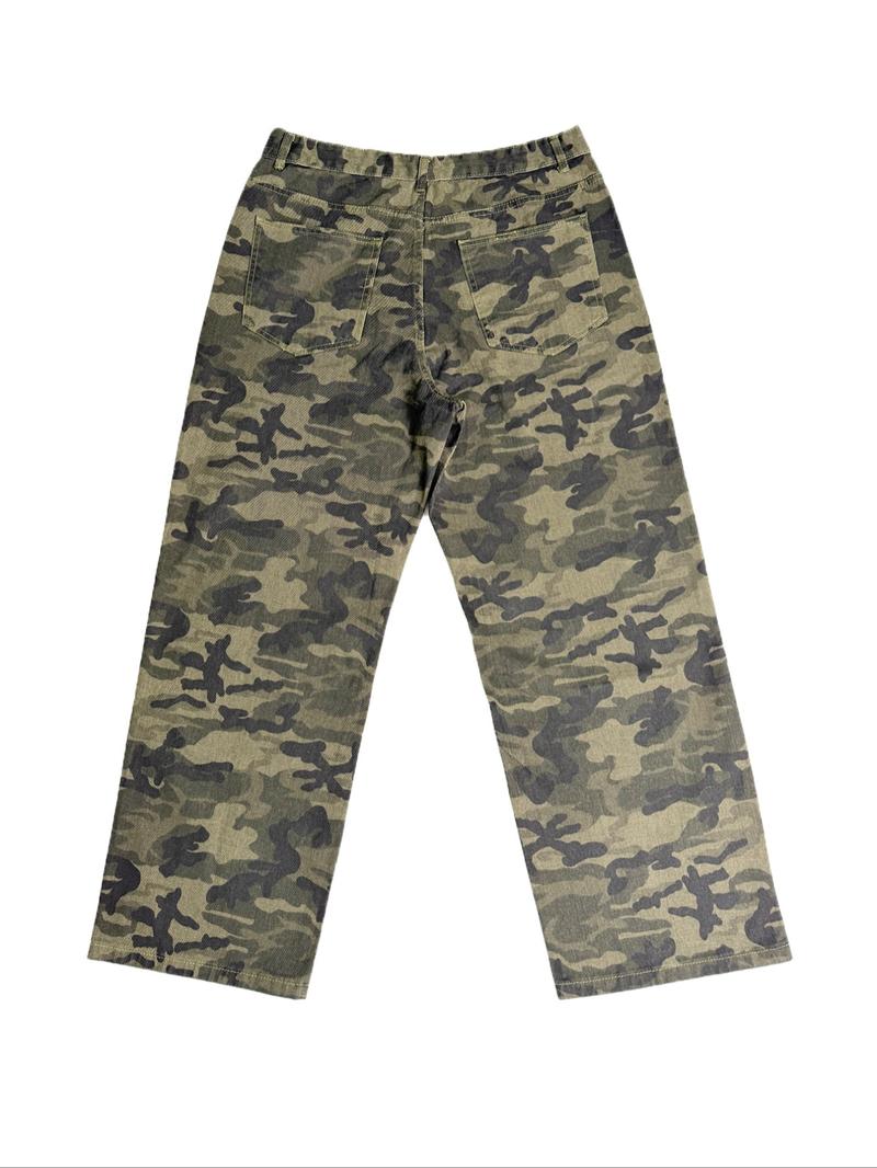 Men's Vintage Washed Loose Fit Casual Wide Leg Jeans, Long Y2K Camo Pants, Perfect Gift for Boyfriend and Husband, All Seasons