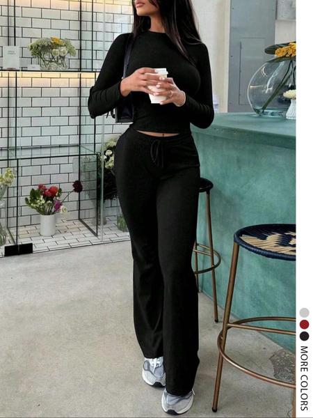 Women's Casual Solid Color Long Sleeve Round Neck Top & Drawstring Pants Set, Comfortable Fall Fashion, Daily Wear & Leisure