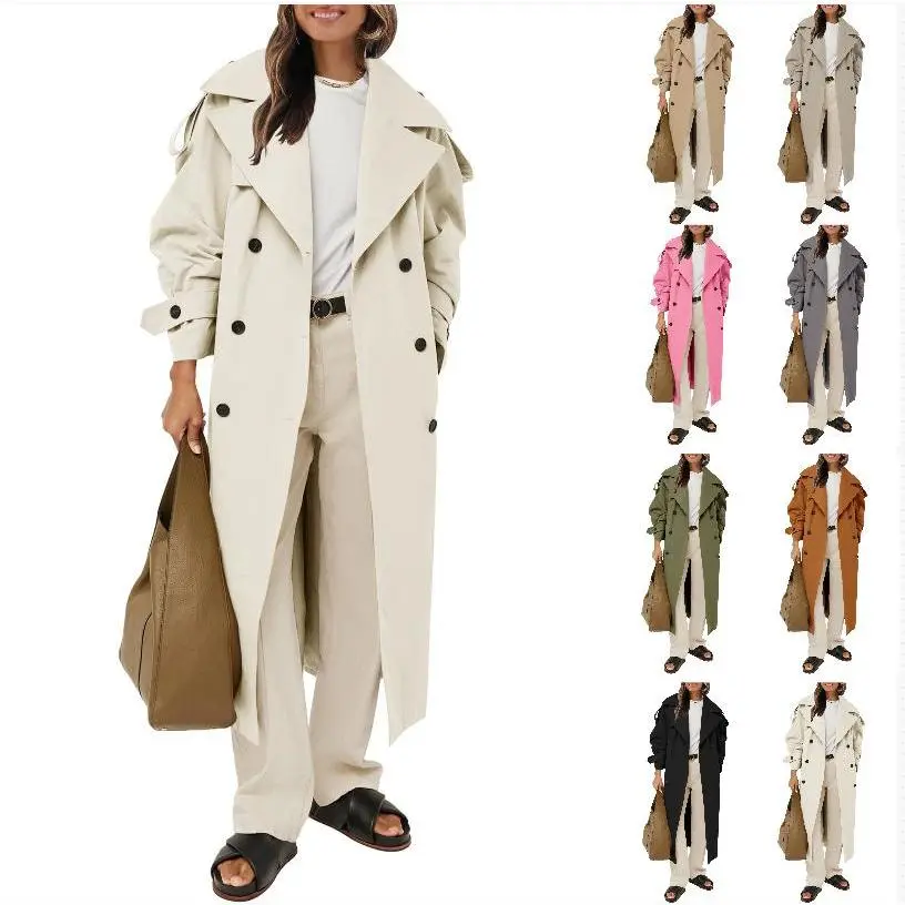 FMEYOA Womens Oversized Long Trench Coat Double Breasted Lapel Windproof Overcoat with Belt M7P203