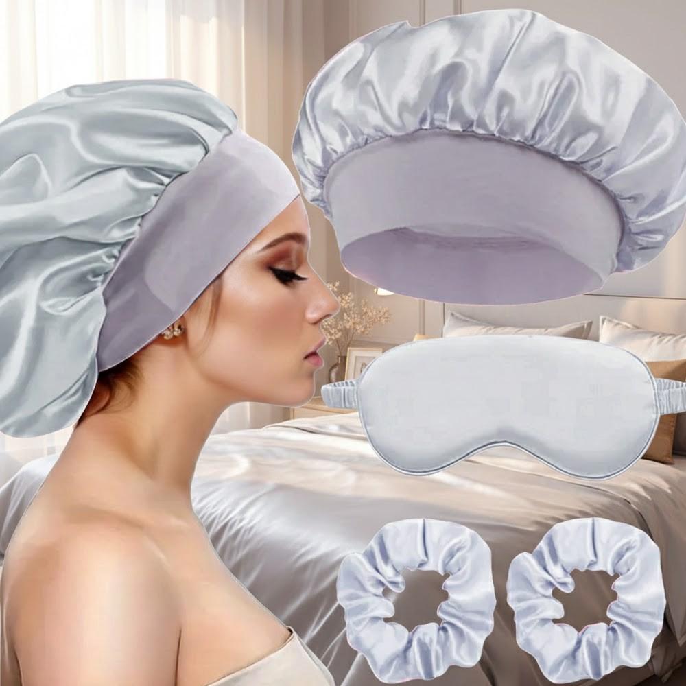 Sleep Mask and Hair Care Tool Set, Satin Sleep Cap, Soft Sleeping Eye Mask, 2 Hair Scrunchies, Alcohol-Free, Ideal for Travel & Home Use