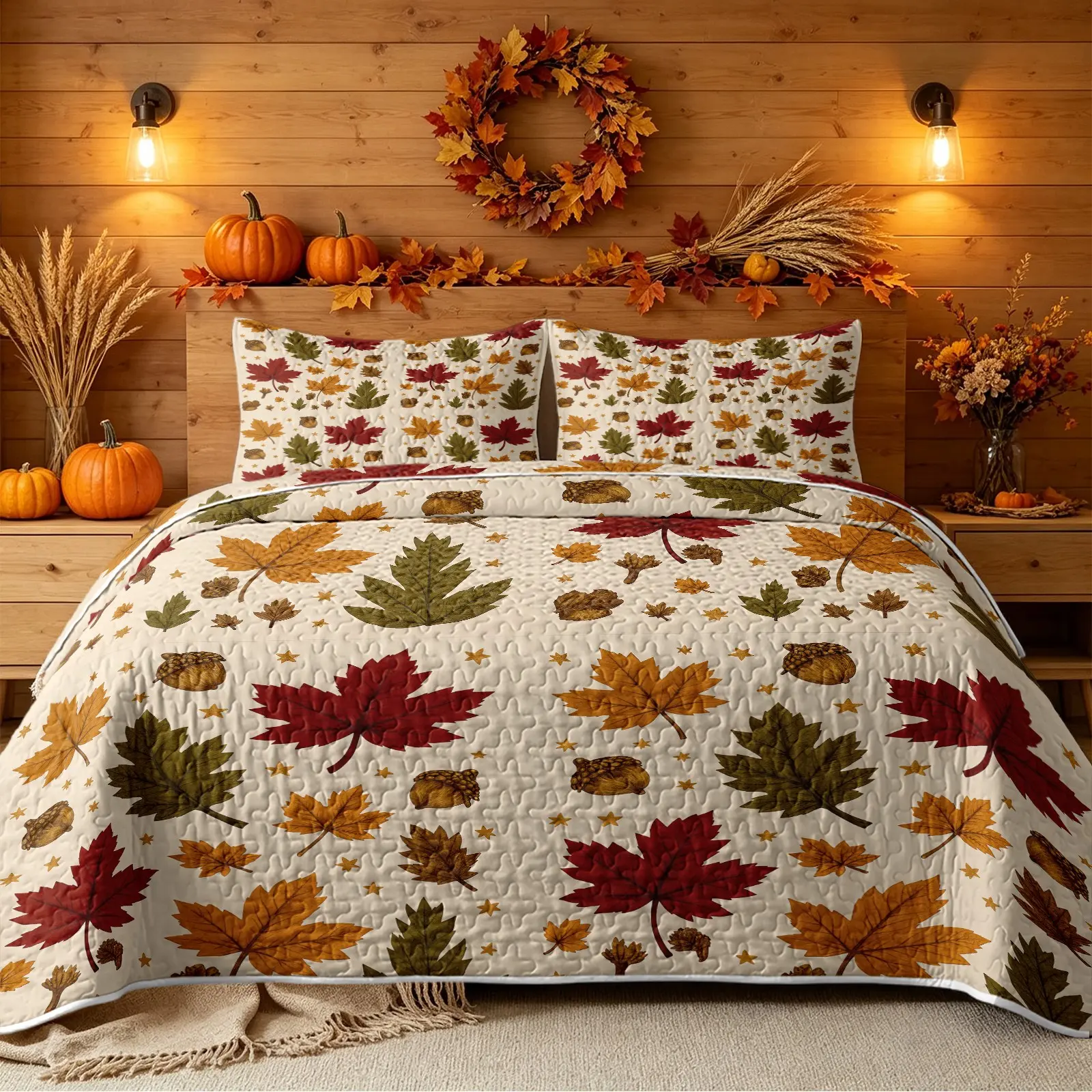 3-Piece Autumn Maple Leaf Quilt Set, Retro Autumn Country-Style Bedspread, Machine-Washable Bedspread Set, Bedding, Includes Pillowcases, No Filling, Suitable for All Seasons