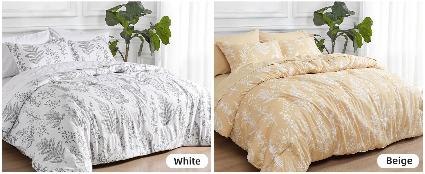 PHF 3/7 counts/set Comforter Set, Reversible Botanical Bedding Set Include Comforter, Pillow Shams, Flat Sheet, Fitted Sheet and Pillowcases