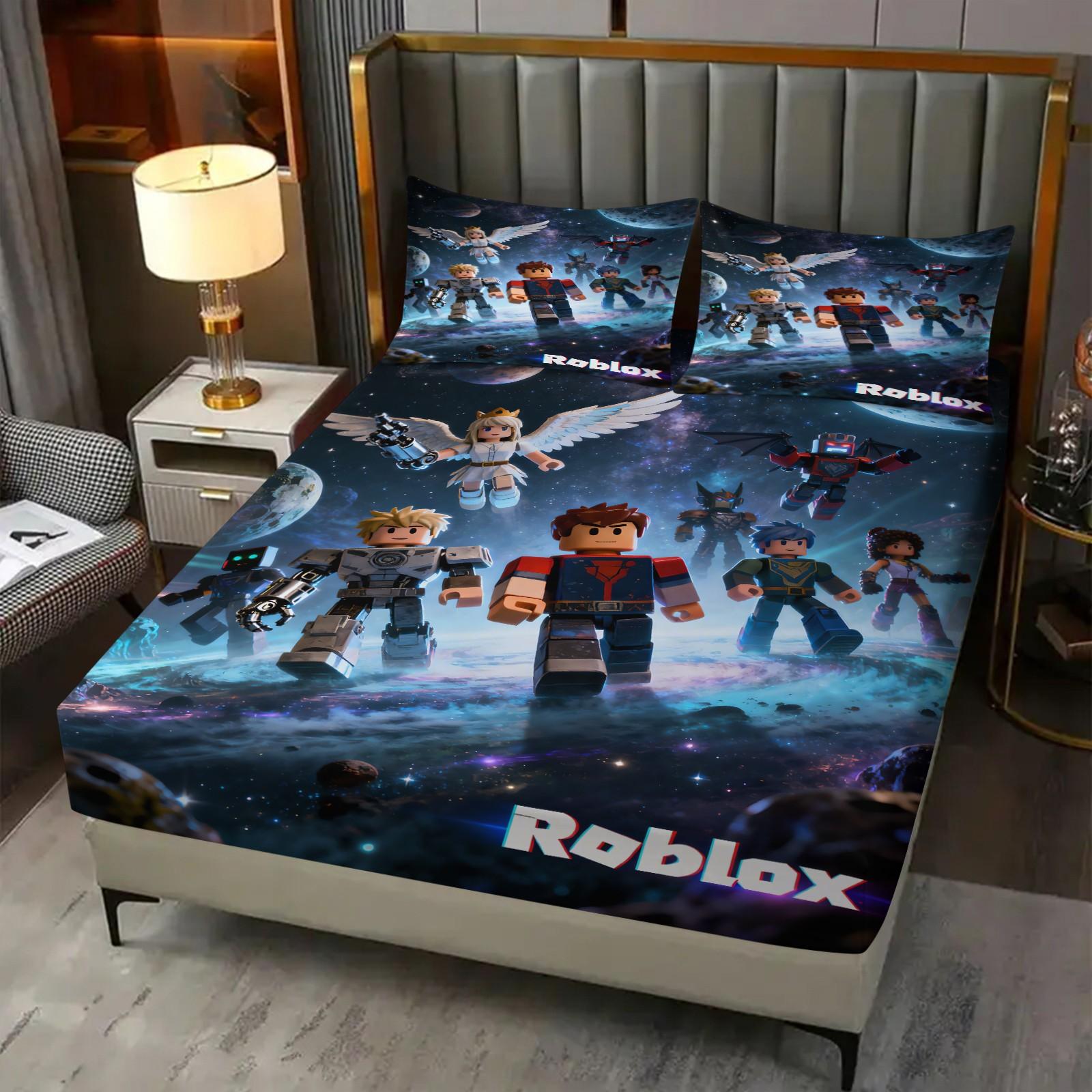 3-Piece Roblox Pattern Bedding Set, Includes 1 Fitted Sheet & 2 Pillowcases, Comfortable Durable Bed Linen, Non-Slip for Bedroom, Kids Gift, Soft Bedding Sets