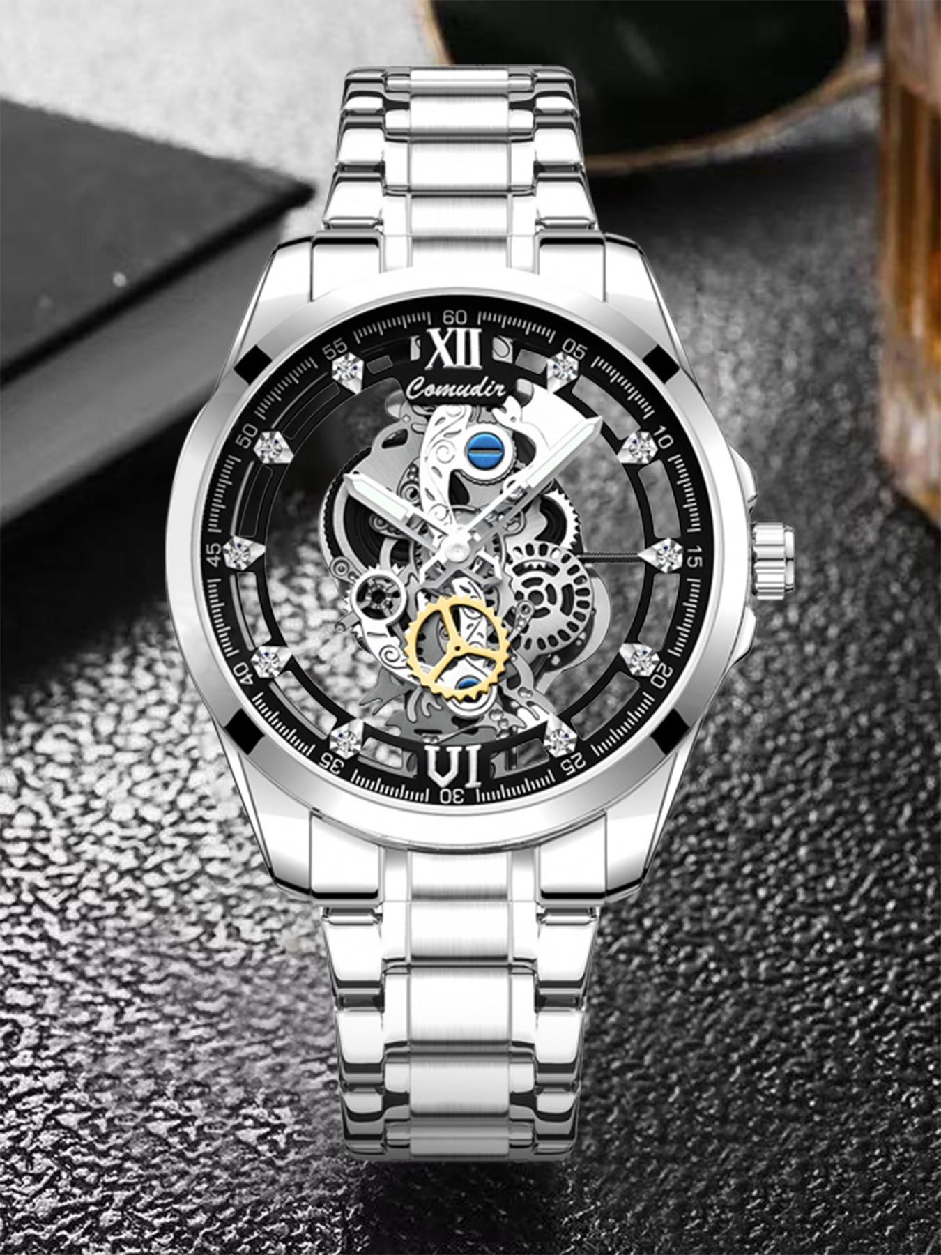 Men's Silver Color Steel Strap Dual-Sided Transparent Sporty Casual Business Watch, Quartz Wristwatch, Analog Round Face, Quartz Movement, Alloy Case