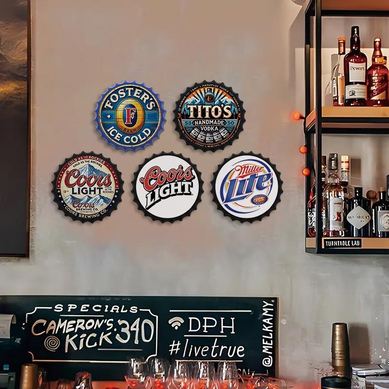[Retro Bar Wall Decor] Vintage Metal Sign - 13.7" Beer Bottle Cap Retro Wall Decor | Black and Blue Border for Bar, Pub, Man Cave & Kitchen
