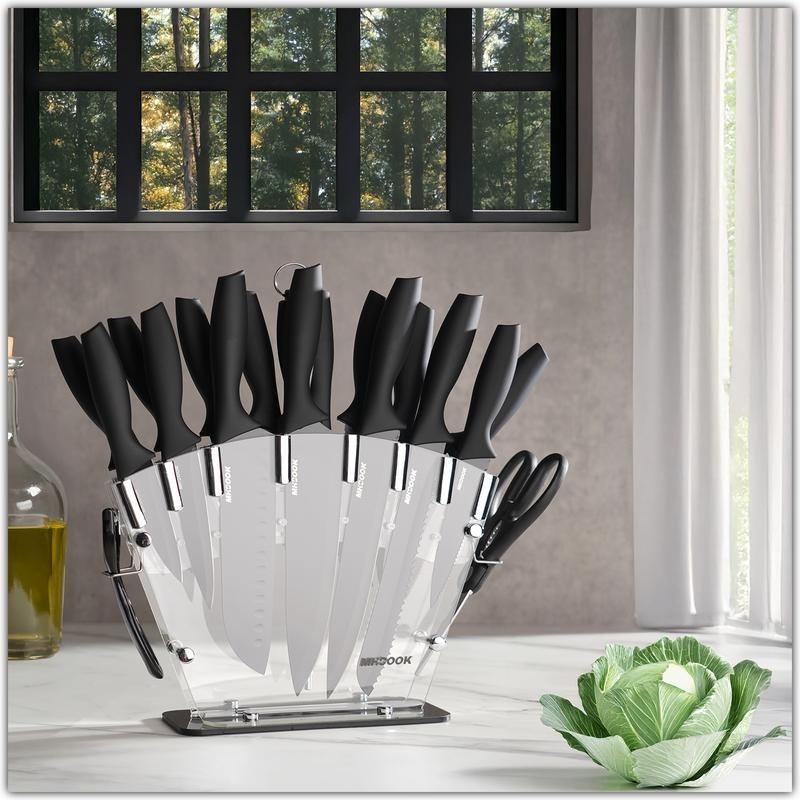 19-piece kitchen knife set with chef's knife, bread knife and scissors, including sharpening rod and integrated knife block