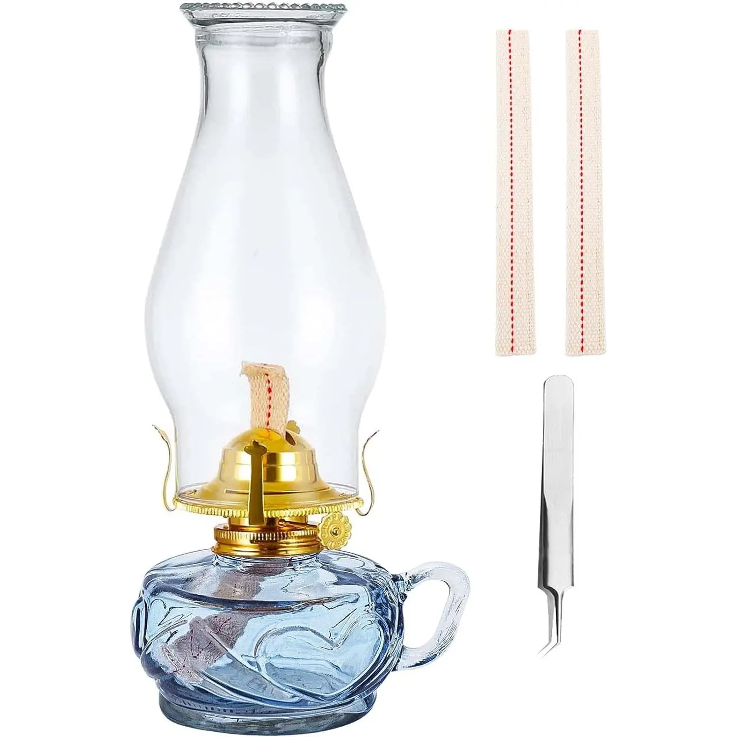 Vintage Blue Glass Oil Lamp for Indoor Use, Large Hurricane Kerosene Lamp with Handle, Comes with 2 Pcs Wicks and 1 Tweezers for Home Emergency Lighting