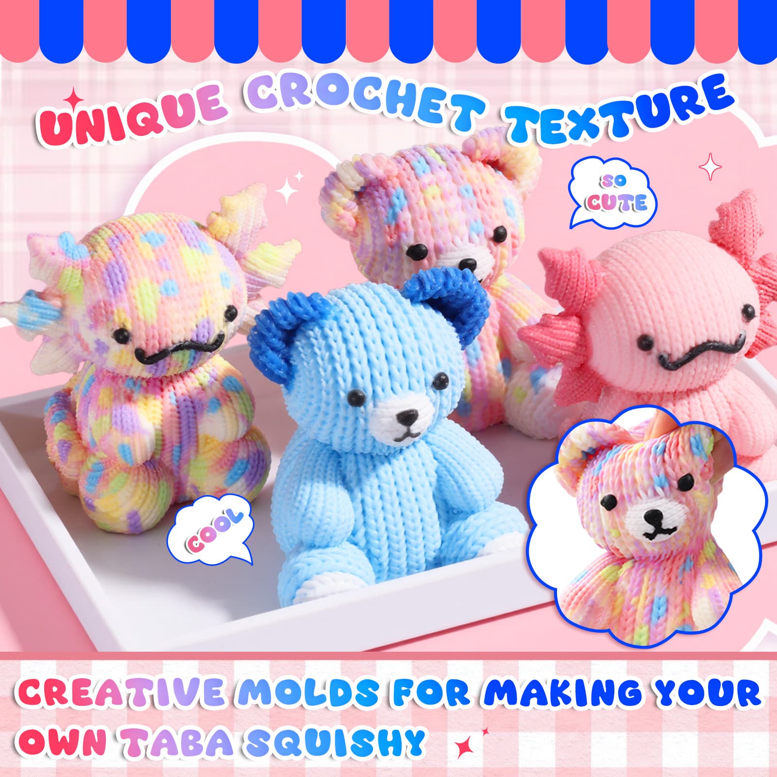 Bear and Axolotl Molds for Taba Squishy, Cute Crochet-Texture Animal Silicone Molds, Thick and Flexible Mould for Creating Unique Squishies, Ideal Gifts for Your Family - LET'S RESIN