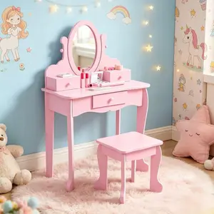 LH-Garvee Lovely Children Vanity Storage Cabinet Perfect for Little Girls Makeup and Beauty EssentialsPurple Wooden Dress-Up Vanity Set for Young Girls with Adjustable Mirror Table & Stool Ideal for Ages 4-9 Pink White Play Set ASTM CPSIA Certified